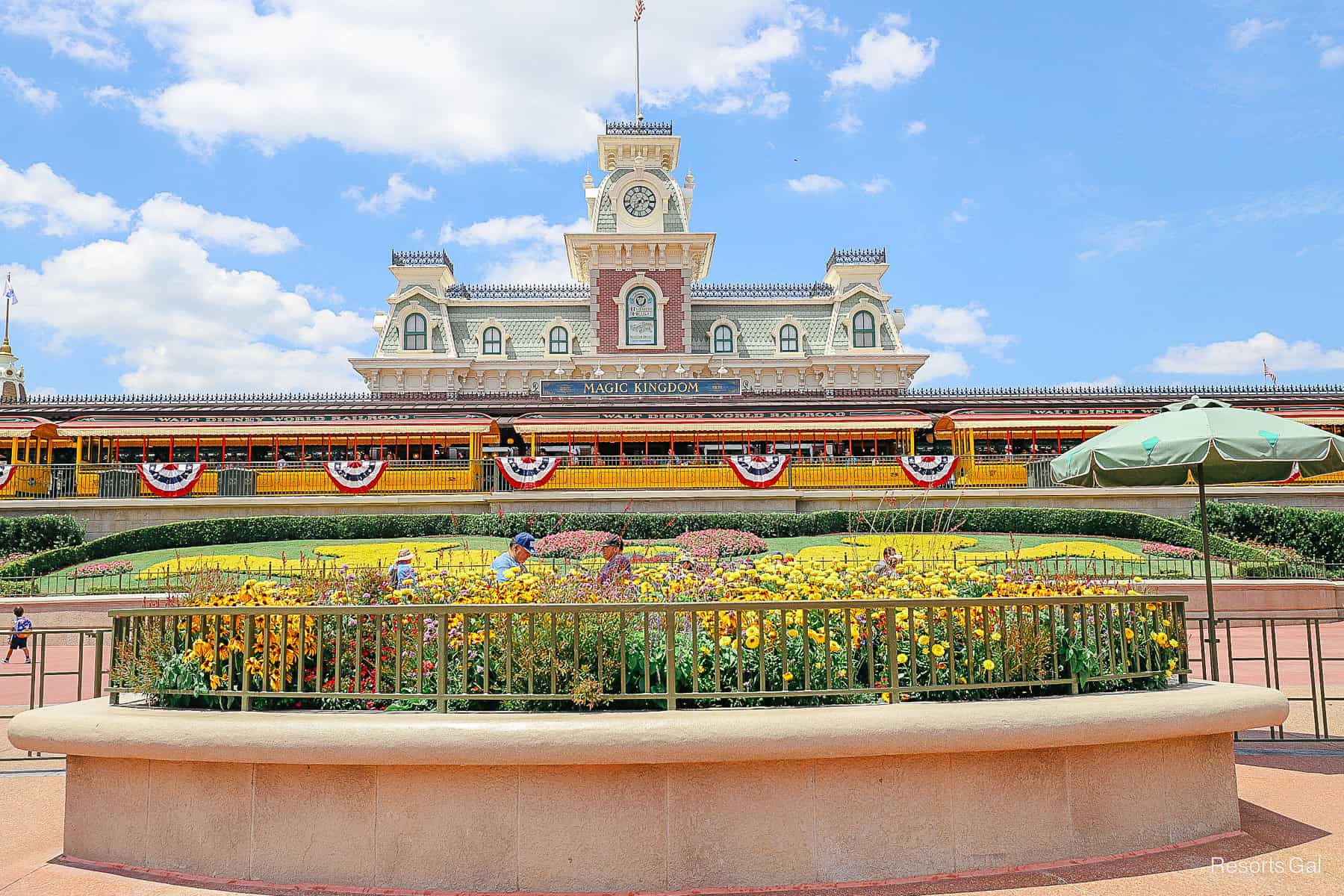 the Mickey floral and railings covered in patriotic bunting for the 4th of July 