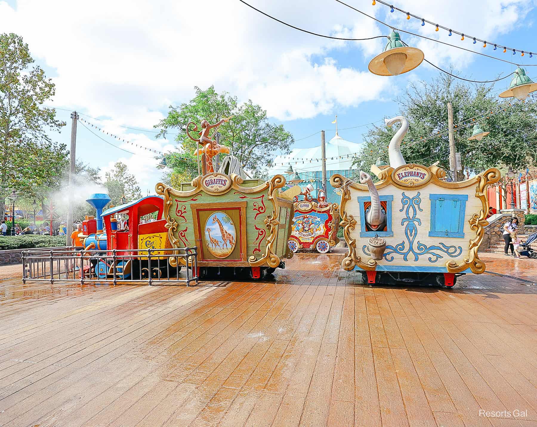 a splash pad themed to Casey Jr. in Storybook Circus of Magic Kingdom 