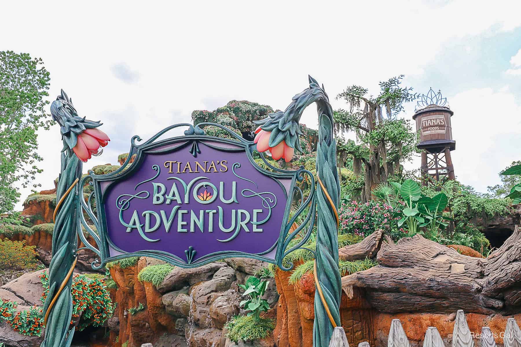 Tiana's Bayou Adventure attraction sign at Magic Kingdom