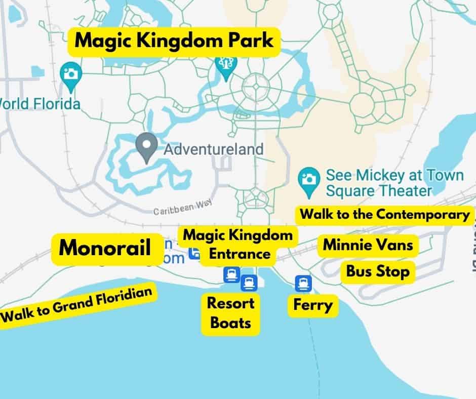 a map with the location of the bus stop at Magic Kingdom 