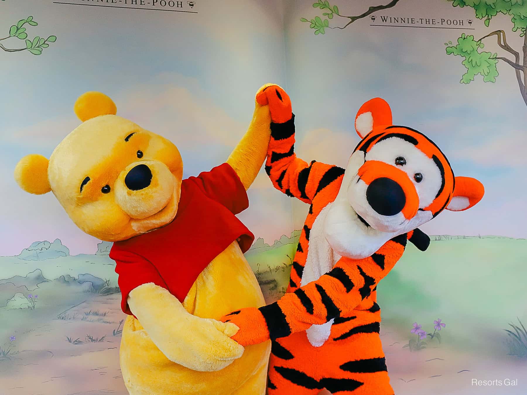 Winnie the Pooh and Tigger hold hands for a photo pose at Magic Kingdom.