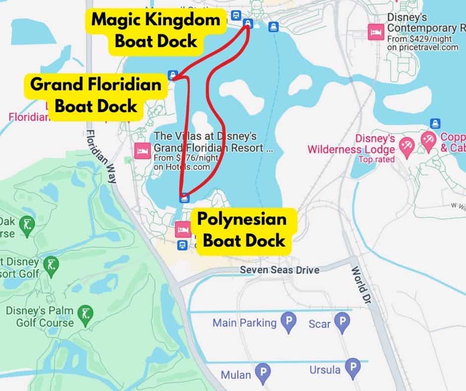 a map that shows how the Magic Kingdom boat travels to Grand Floridian, then the Polynesian, before returning to the boat dock