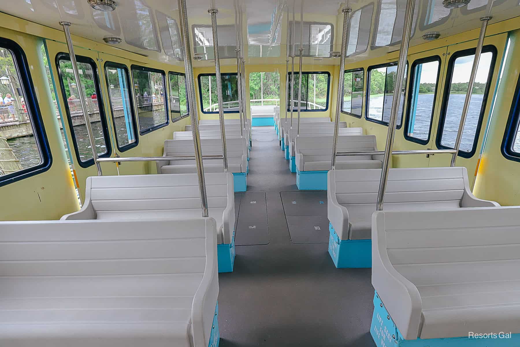 interior seating on a boat that services the Magic Kingdom Resorts 