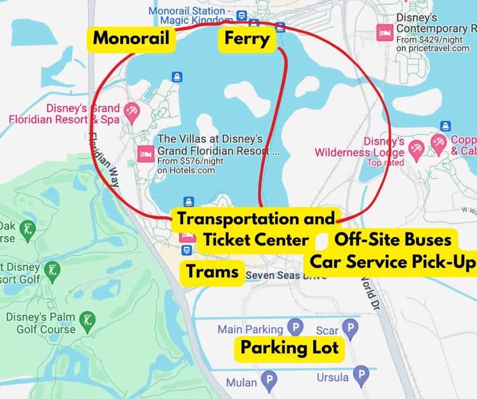 a map that shows how you have to take the monorail or ferry and change at the Transportation and Ticket Center 