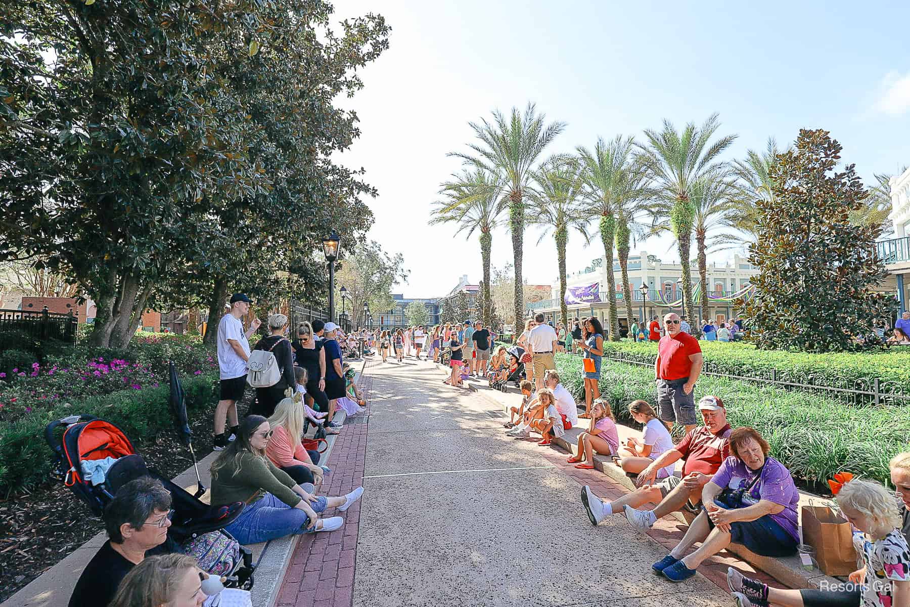 a crowd of guests waiting on the Mardi Gras parade at Port Orleans French Quarter 