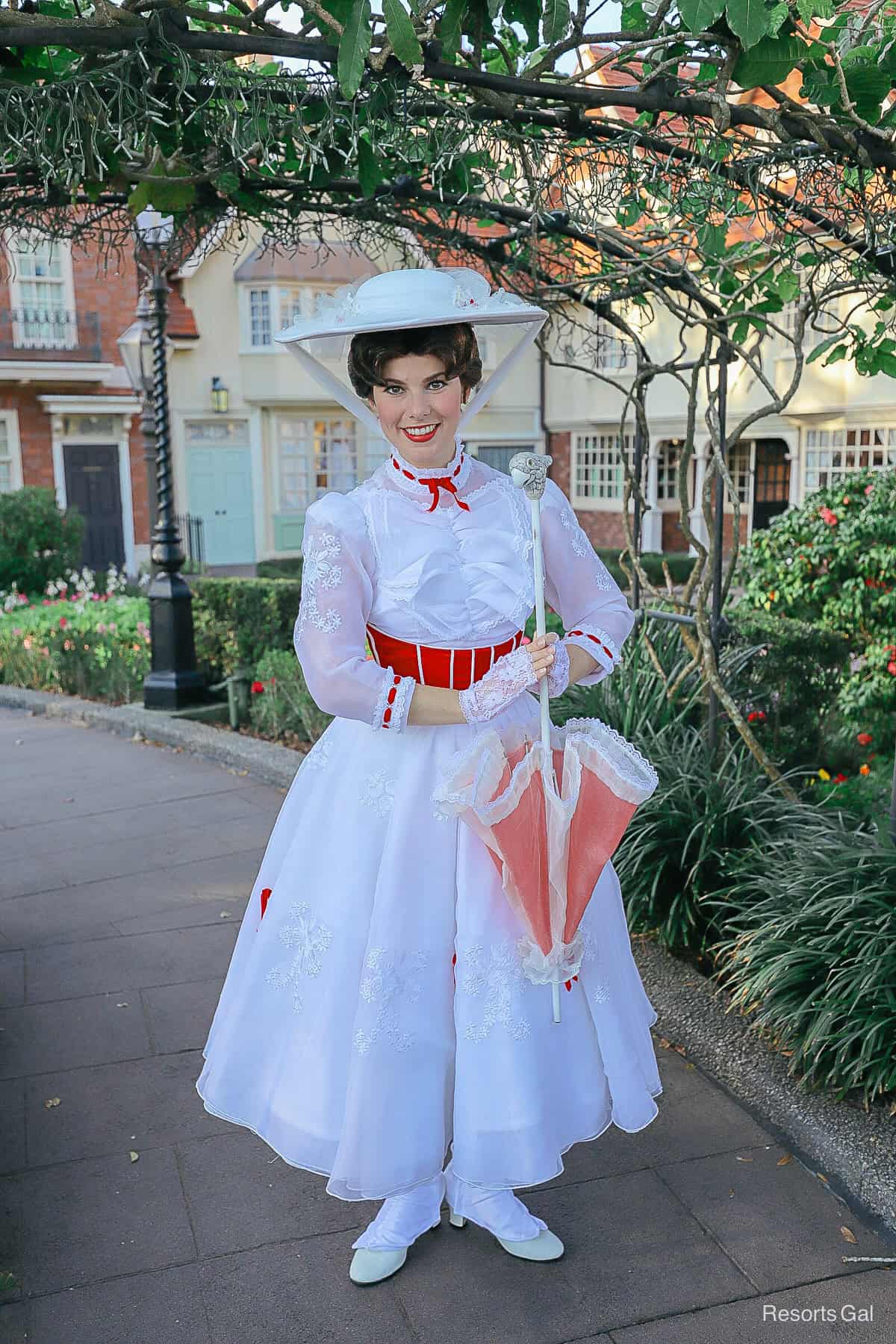 Mary Poppins with her umbrella in the United Kingdom Pavilion at Epcot. 