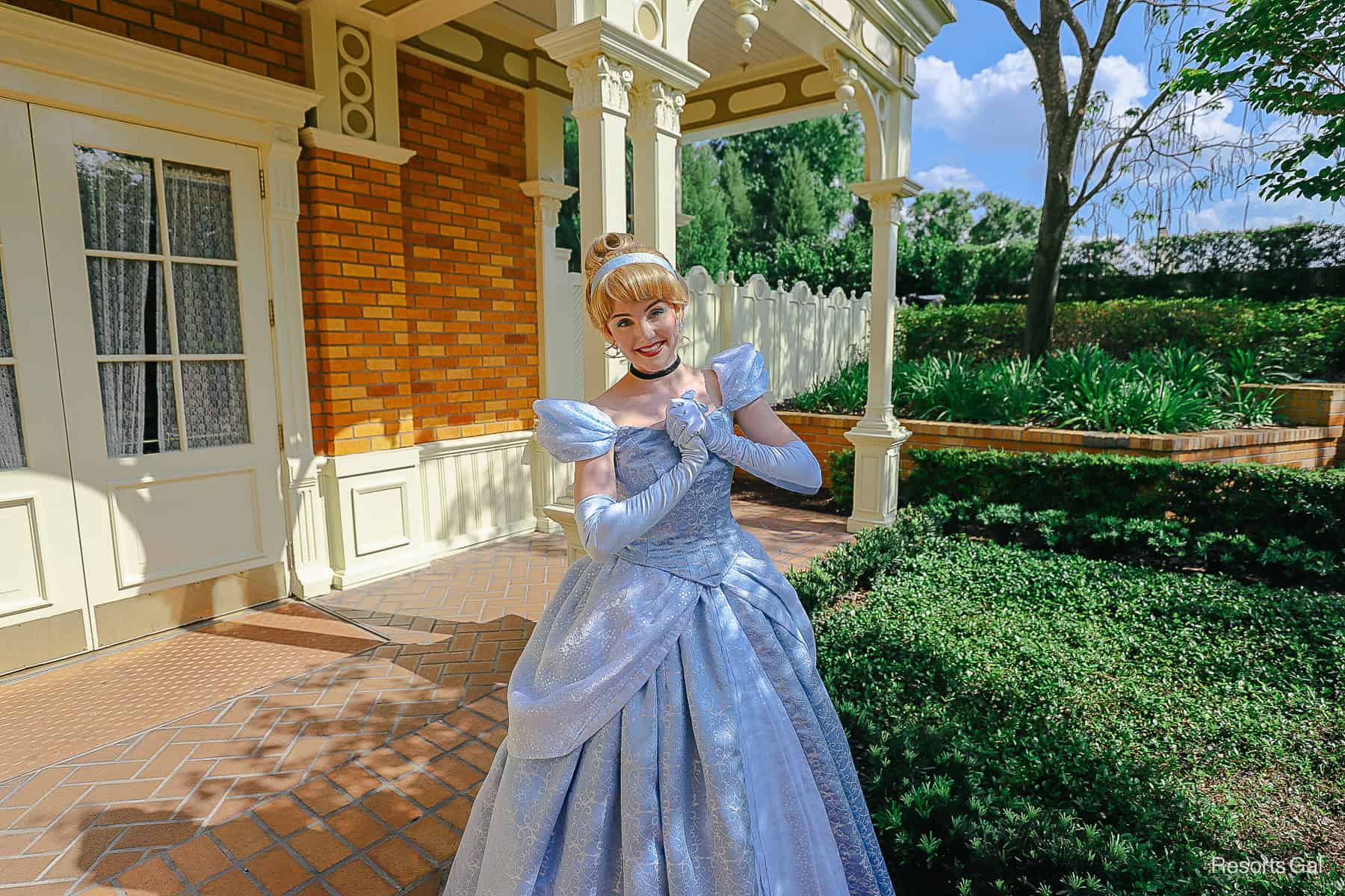 Cinderella as part of a surprise character meet on the Town Square Patio. 