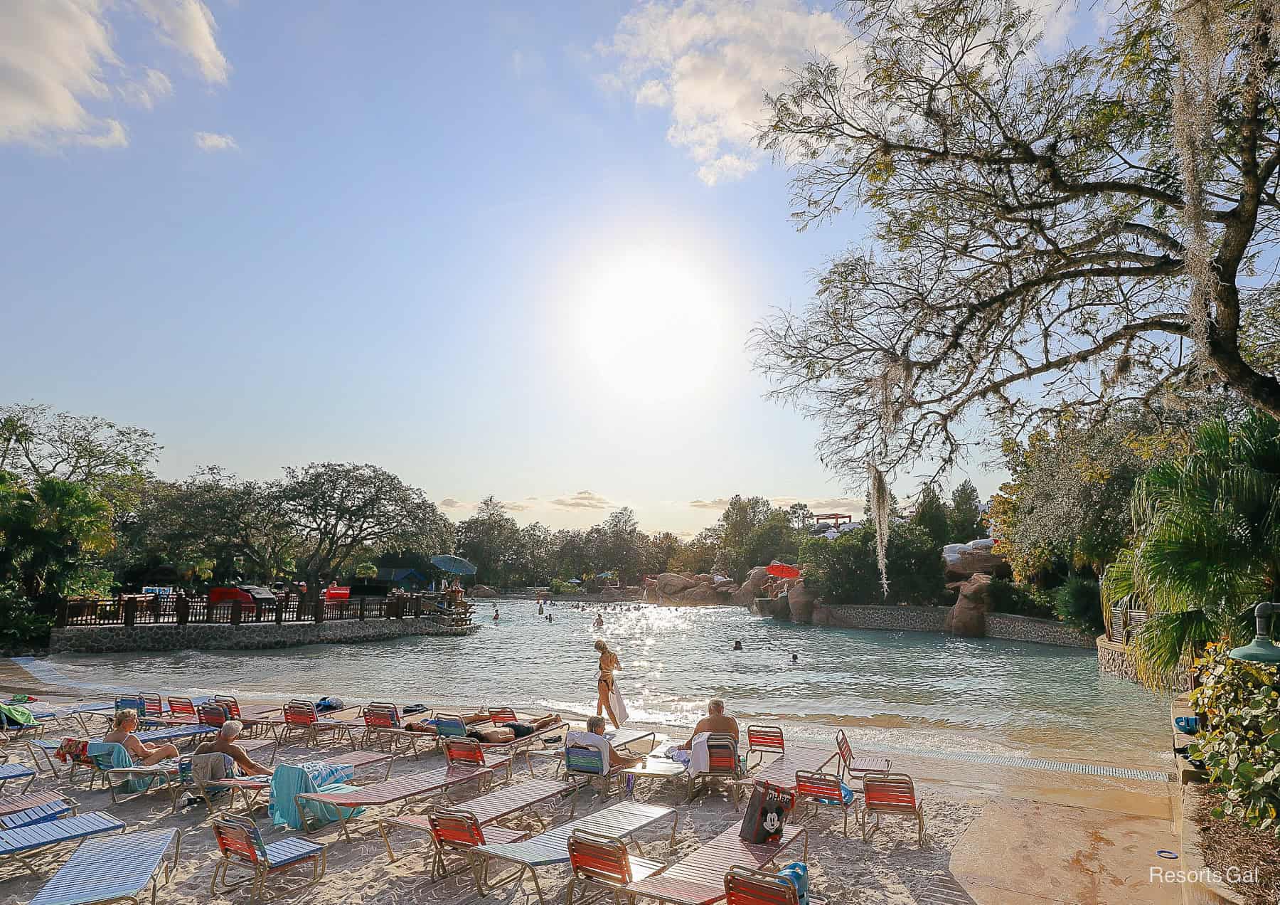 seating and sand around the Blizzard Beach wave pool 