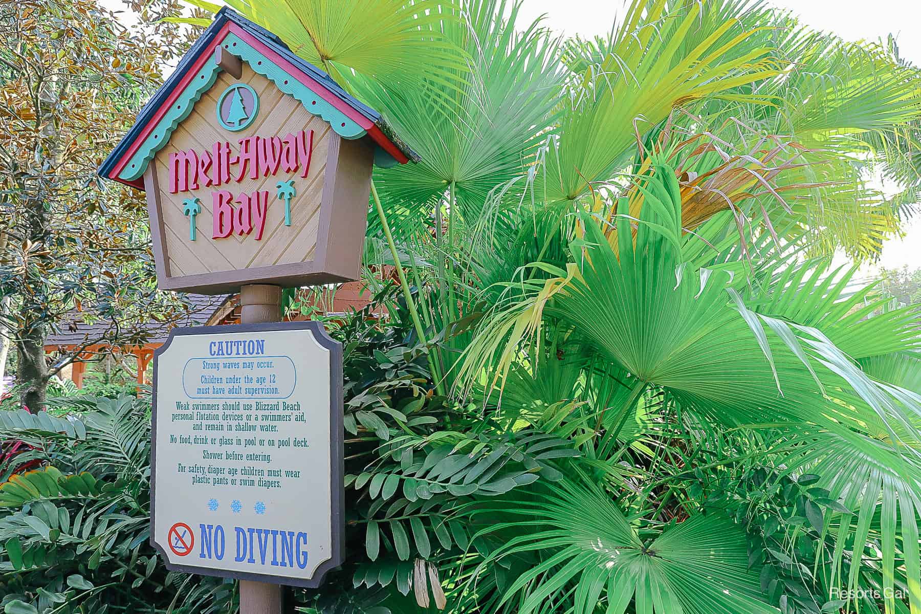 Melt-Away Bay posted attraction rules on a sign 