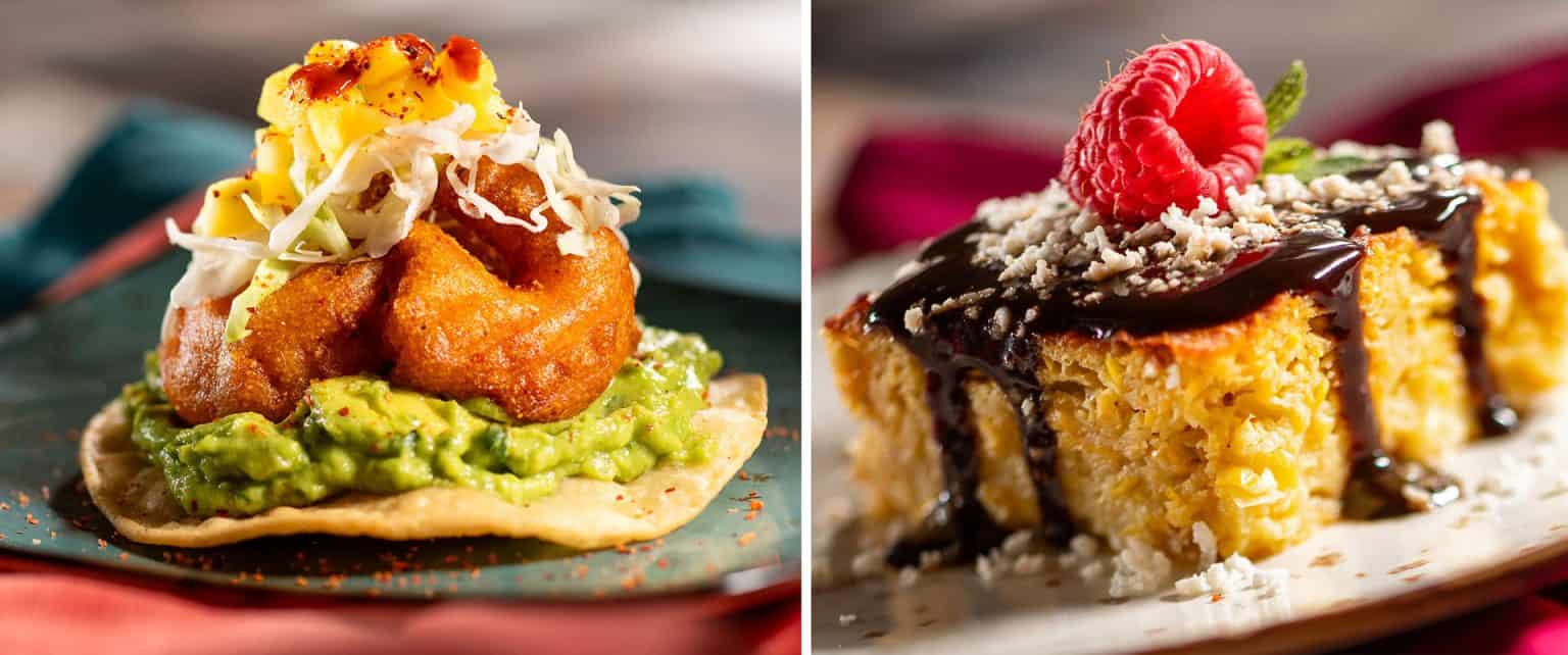 collage of a Tostada and Mexican Cornbread with chocolate sauce from the Epcot Food and Wine Festival 