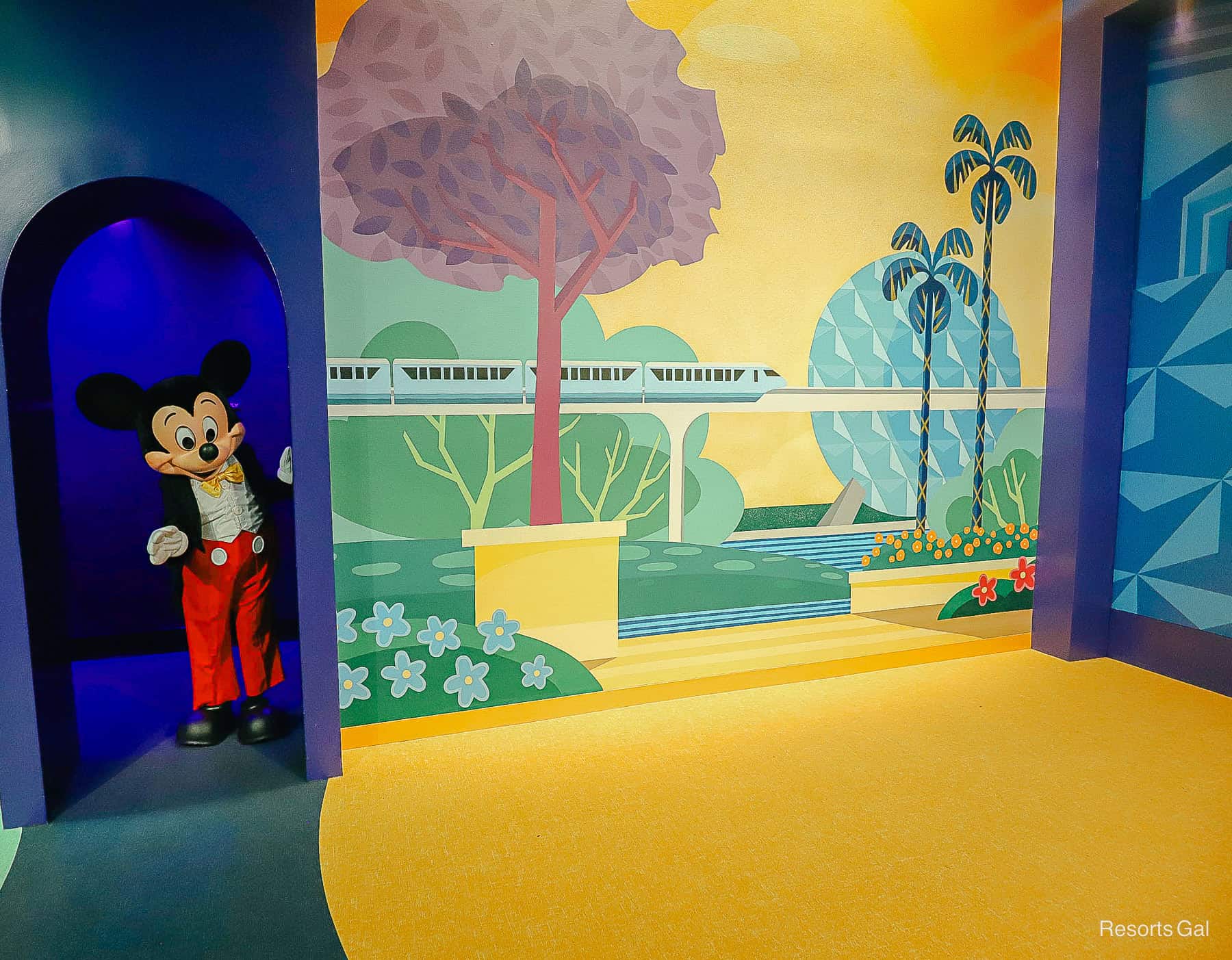 Mickey as he enters his meet-and-greet area at Epcot 