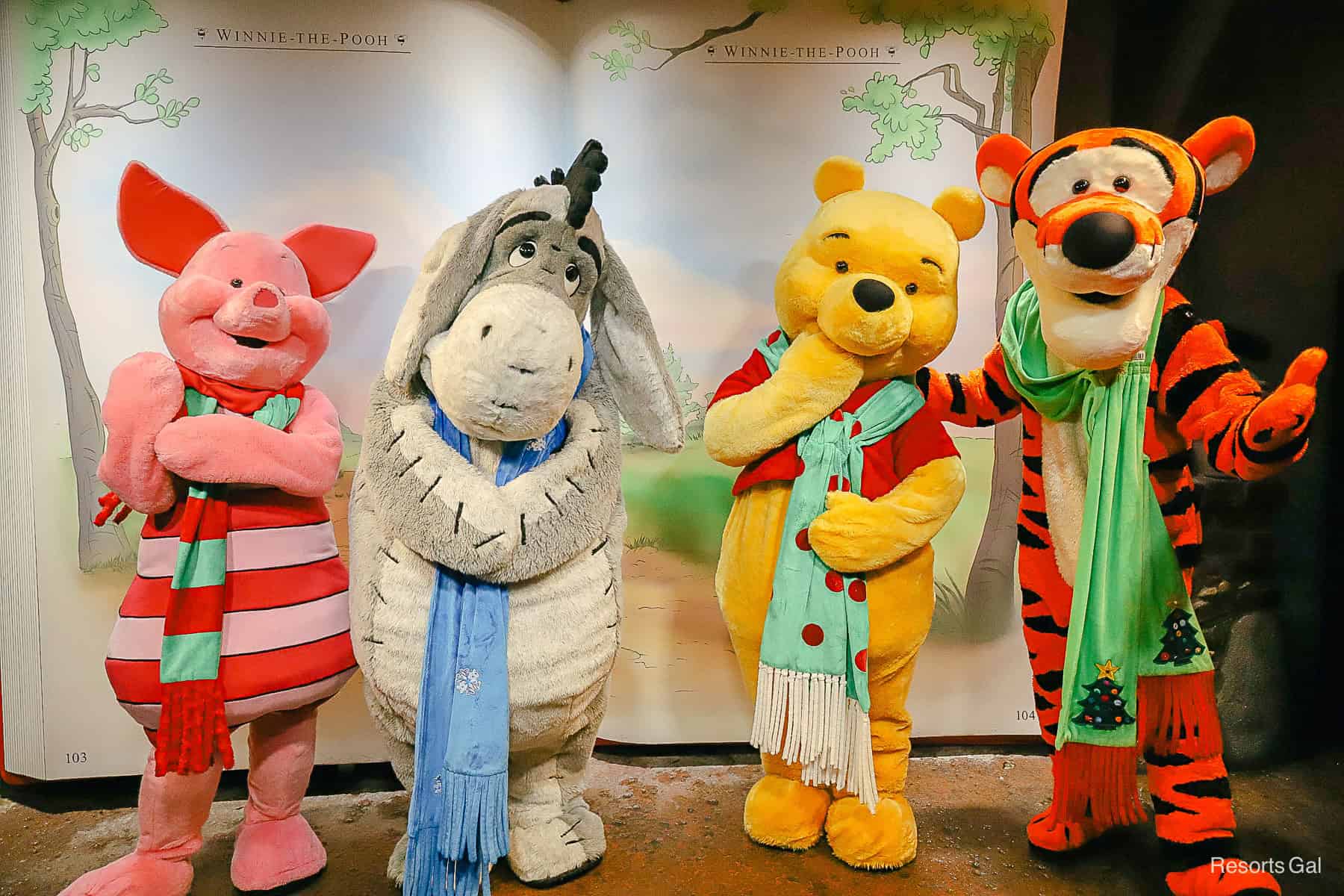 Piglet, Eeyore, Pooh, and Tigger wearing holiday scarves as they pose for a pictures at MVMCP. 