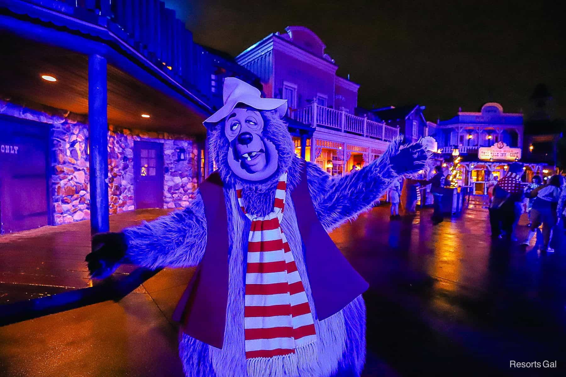 Country Bear wearing a red and white striped scarf. 