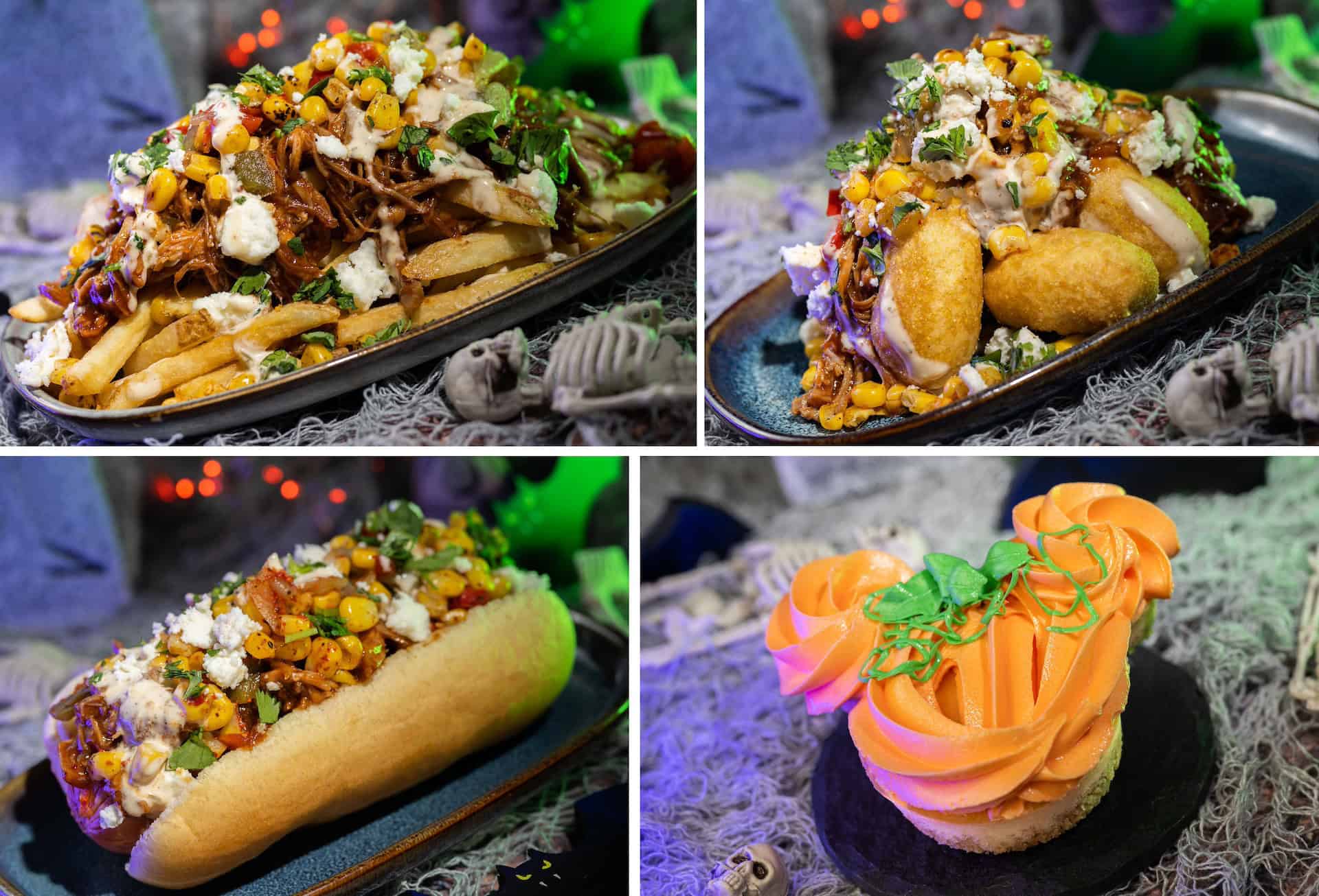 Collage of Chipotle Barbecue Pork and Street Corn French Fries, Mini Corn Dogs, Hot Dog, Mickey-shaped cheesecake at Mickey's Not So Scary Halloween Party 2024 