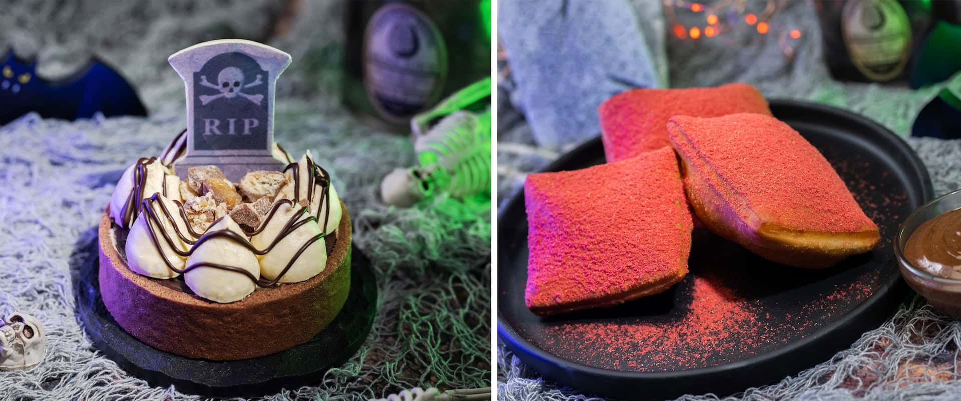 Collage of Chocolate Caramel Tart and Sweet and Spicy Beignets at Mickey's Halloween Party 2024 