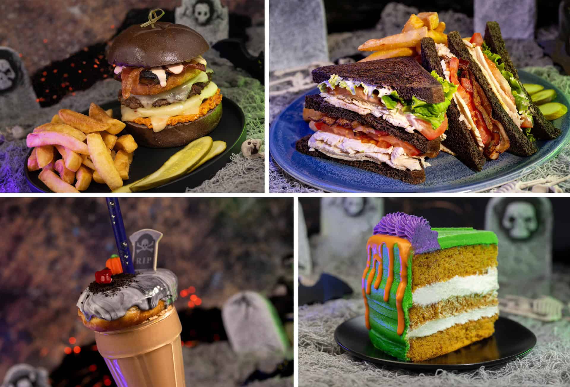 Collage image of Ghoulishly Gourmet Hamburger, Halloween Turkey Club, Graveyard Milk Shake, Layered Pumpkin Cake from The Plaza Restaurant