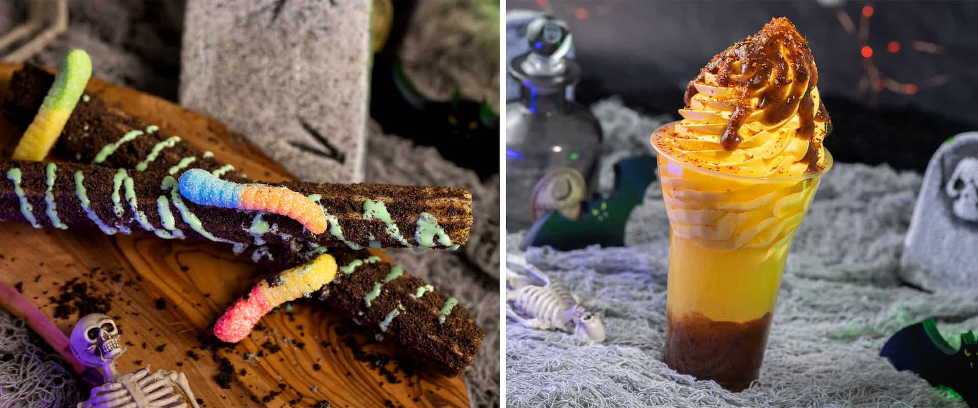 Collage of Worms n Dirt Churro and DOLE Whip Mango and Chamoy Float at Mickey's Not So Scary Halloween Party 2024 