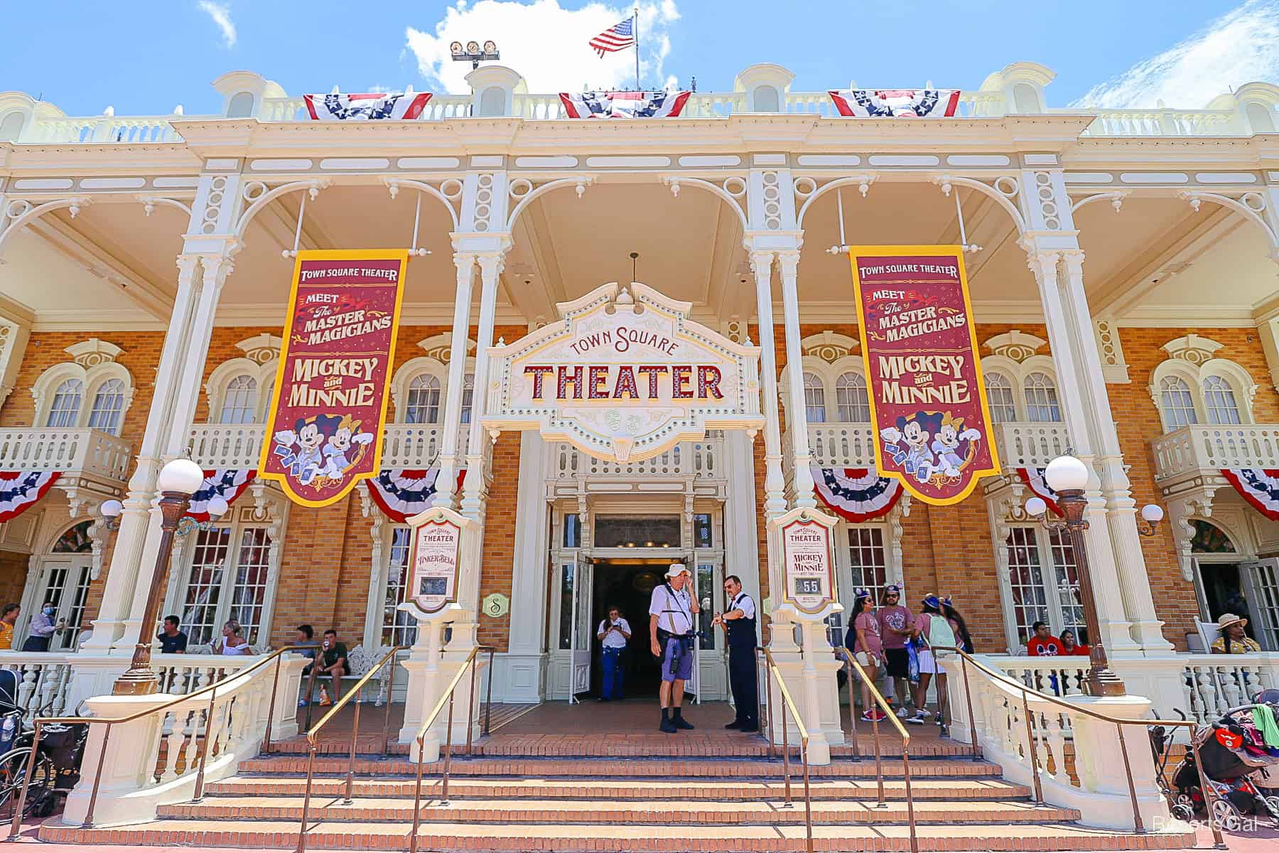 the entrance of Town Square Theater with two banners advertising the special 50th meet-and-greet