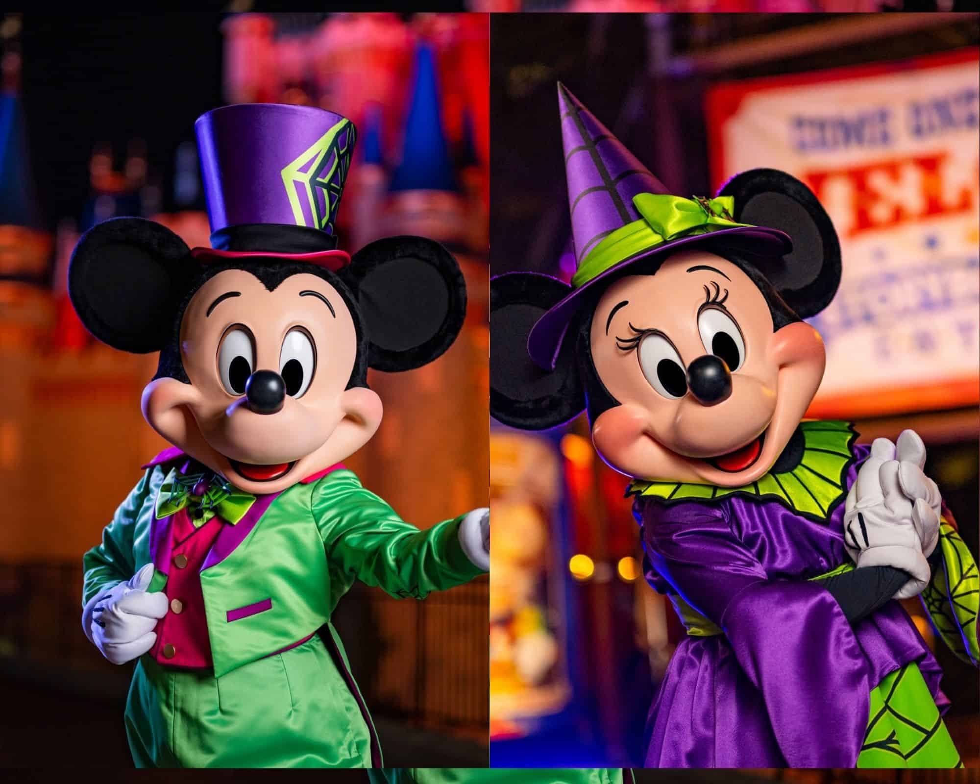 Mickey and Minnie Mouse in a collage duo with their new neon outfits for the 2024 Halloween Party at Walt Disney World.