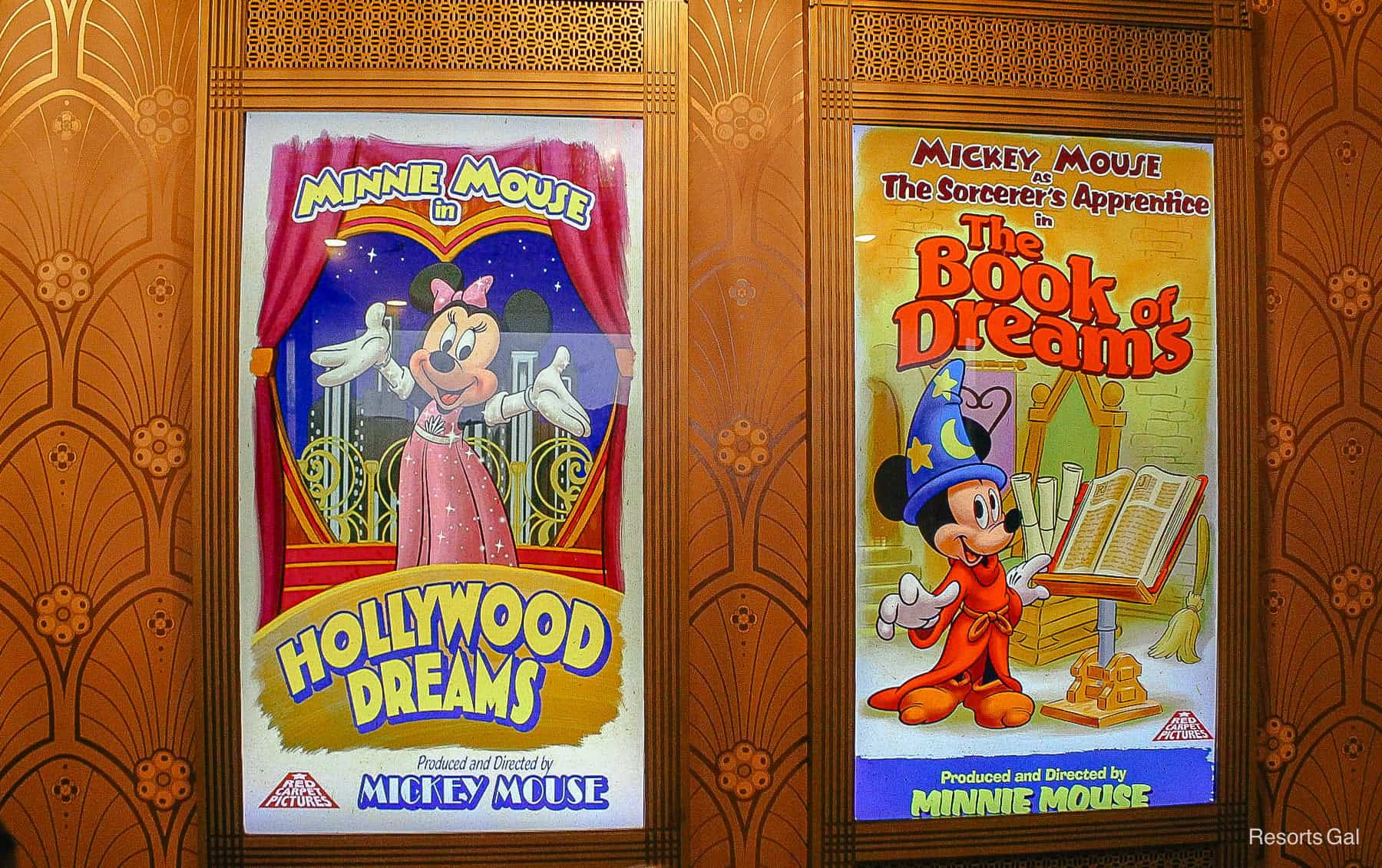 an electronic sign featuring Minnie Mouse in Hollywood Dreams and Mickey Mouse in The Book of Dreams 