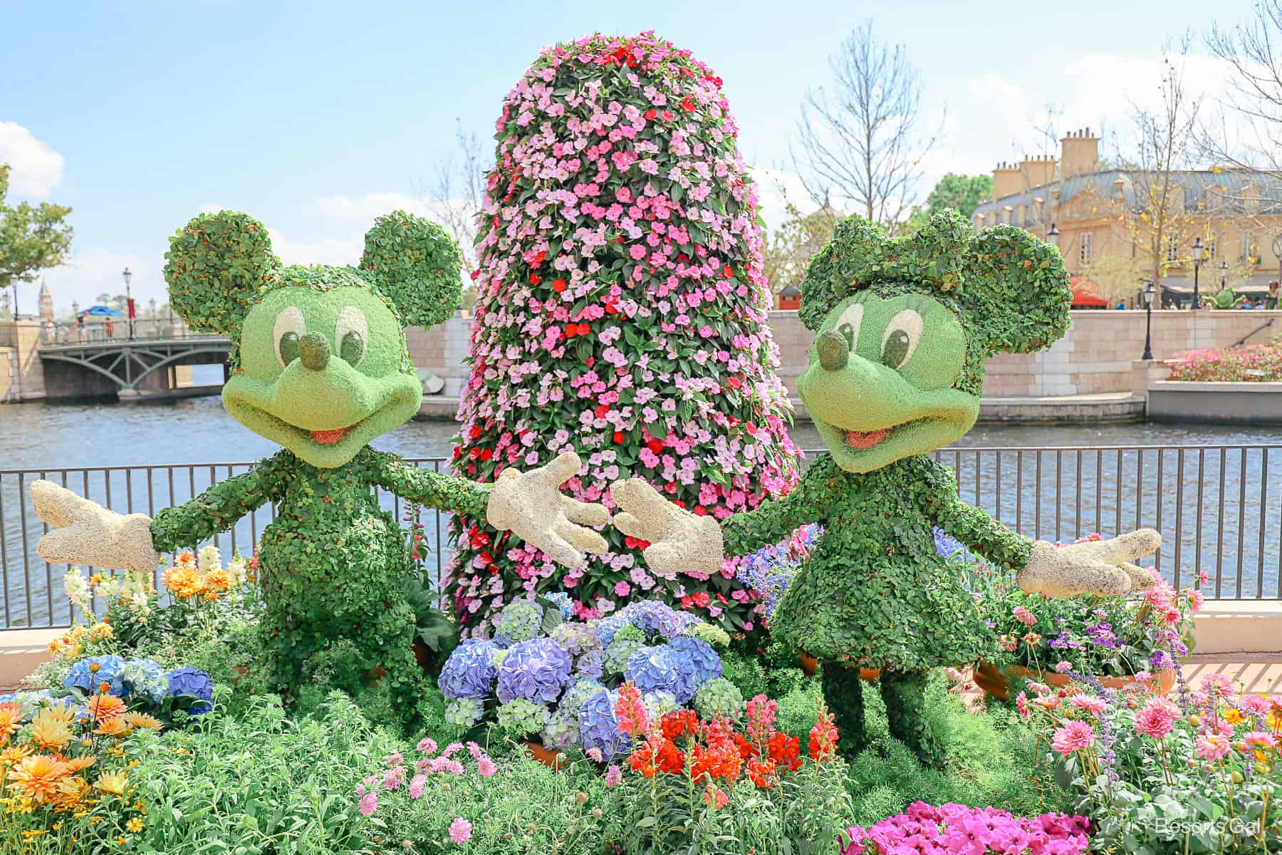 the mini versions of Mickey and Minnie Mouse in topiary form with a flower tree behind them 