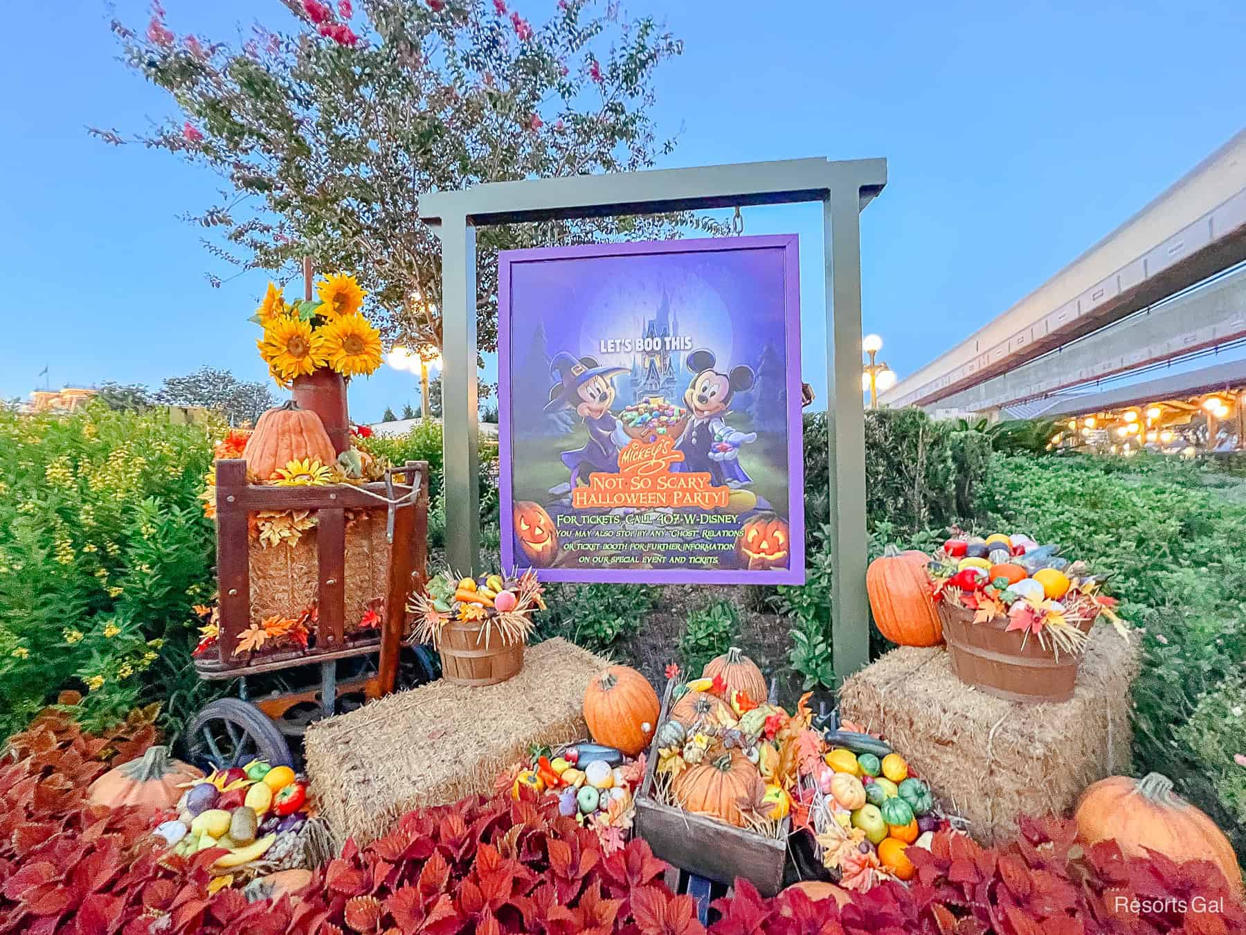 a display near the entrance of Magic Kingdom celebrating Mickey's Not So Scary Halloween Party 