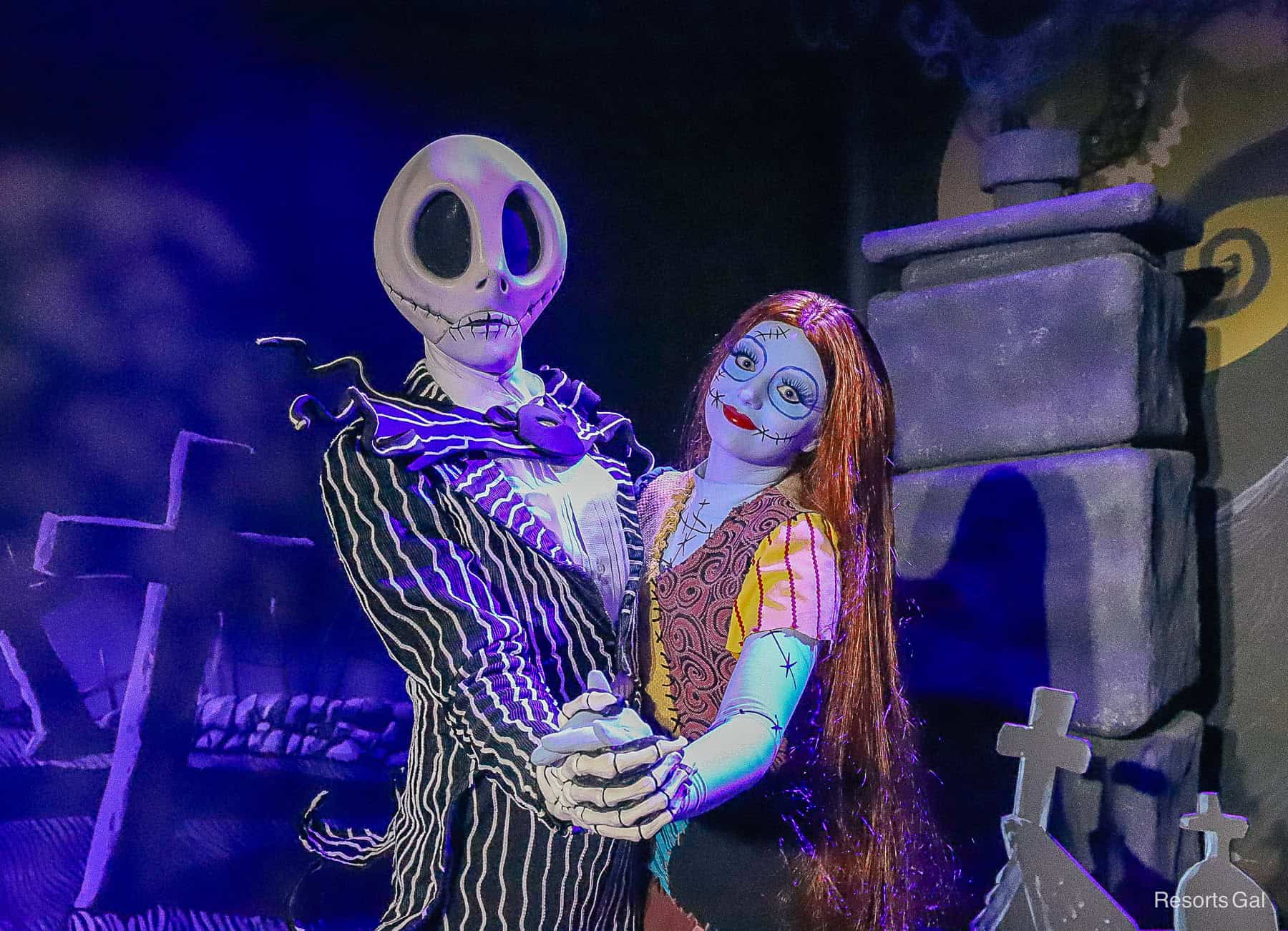 Jack and Sally from The Nightmare Before Christmas greet guests at Mickey's Not So Scary Halloween Party 