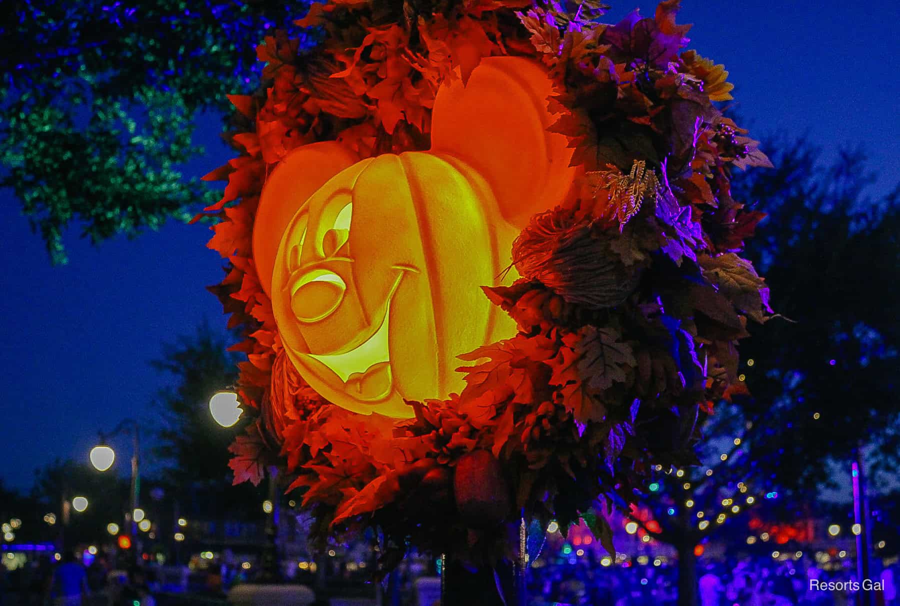 a glowing Mickey pumpkin at Mickey's Not So Scary Halloween Party 