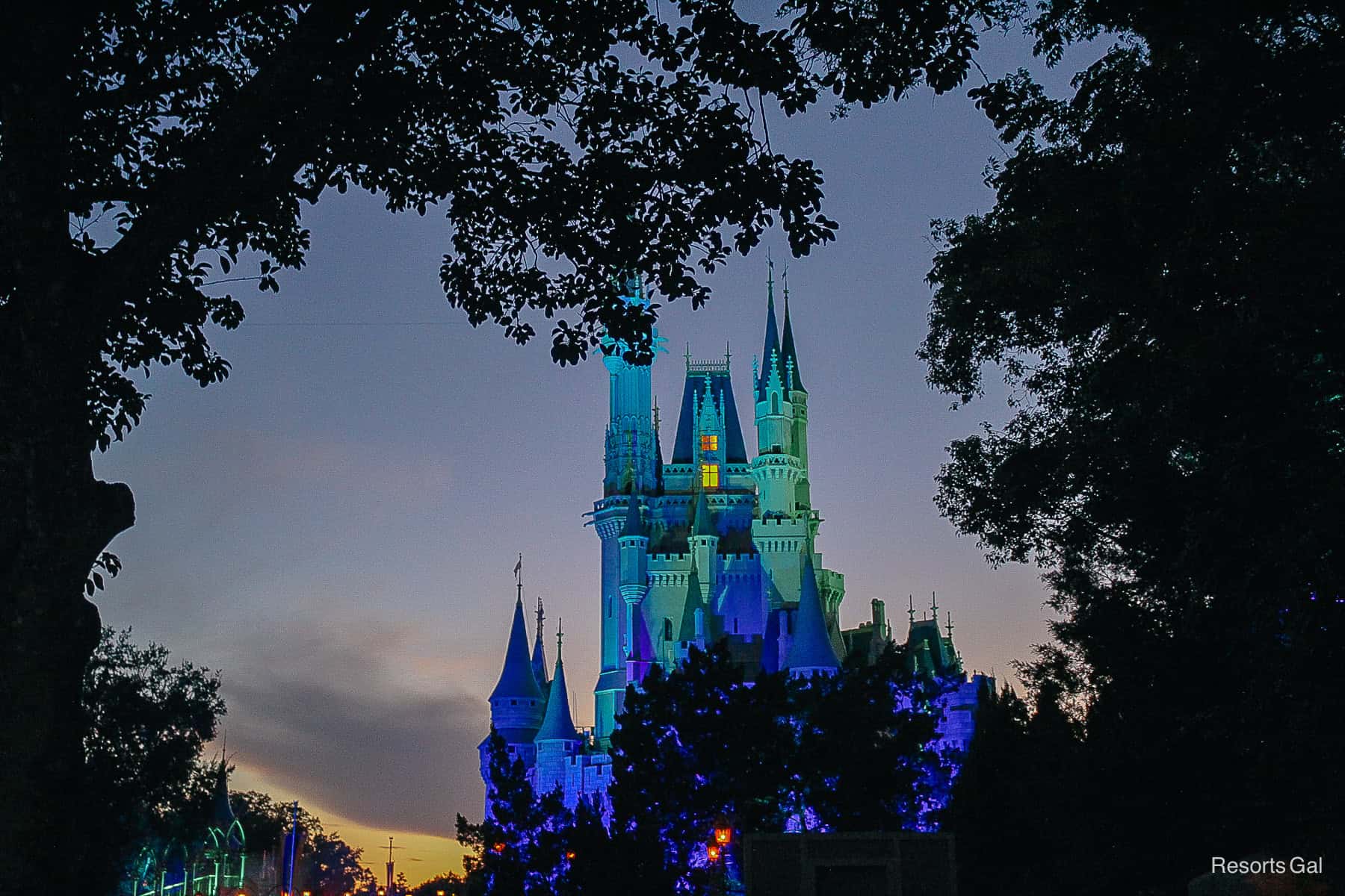 Cinderella Castle glows during Mickey's Not So Scary Halloween Party. 