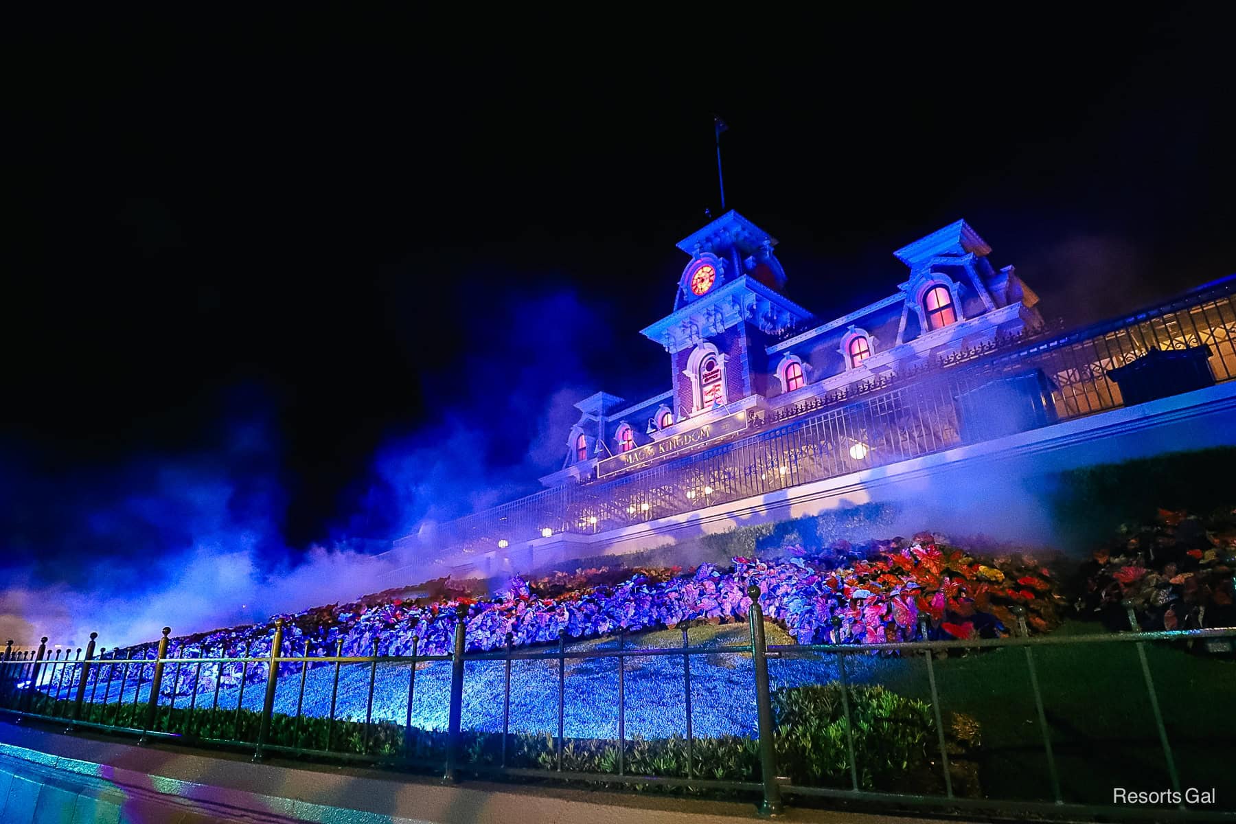 the entrance to Magic Kingdom with fog during Mickey's Not So Scary Halloween Party 