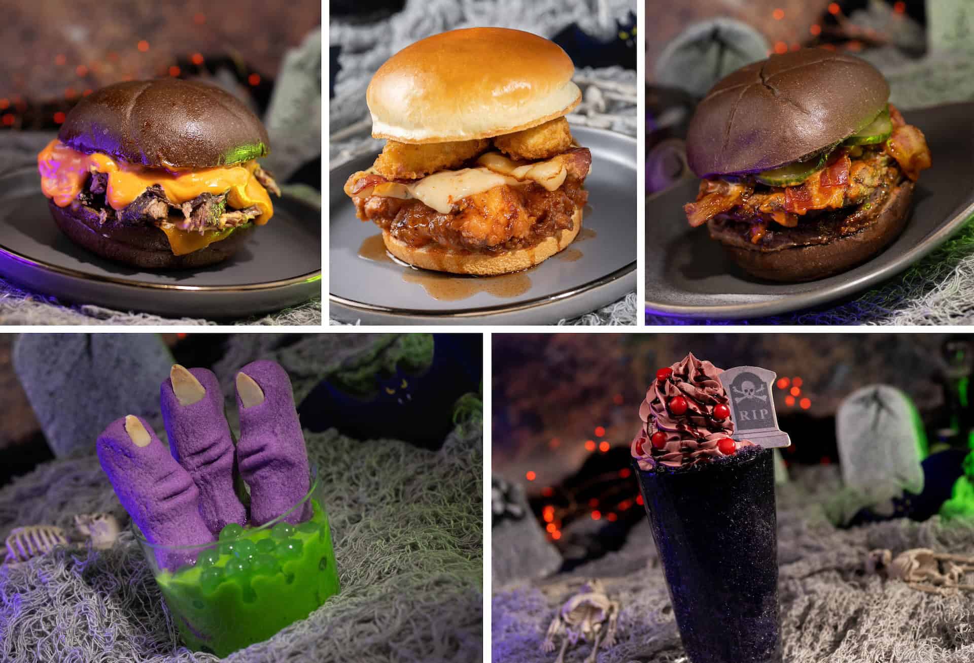 collage of Halloween Pot Roast Sandwich, Chicken Sandwich, Sinister Satay Burger, Witches Fingers, Ube Green Tea Slushy 