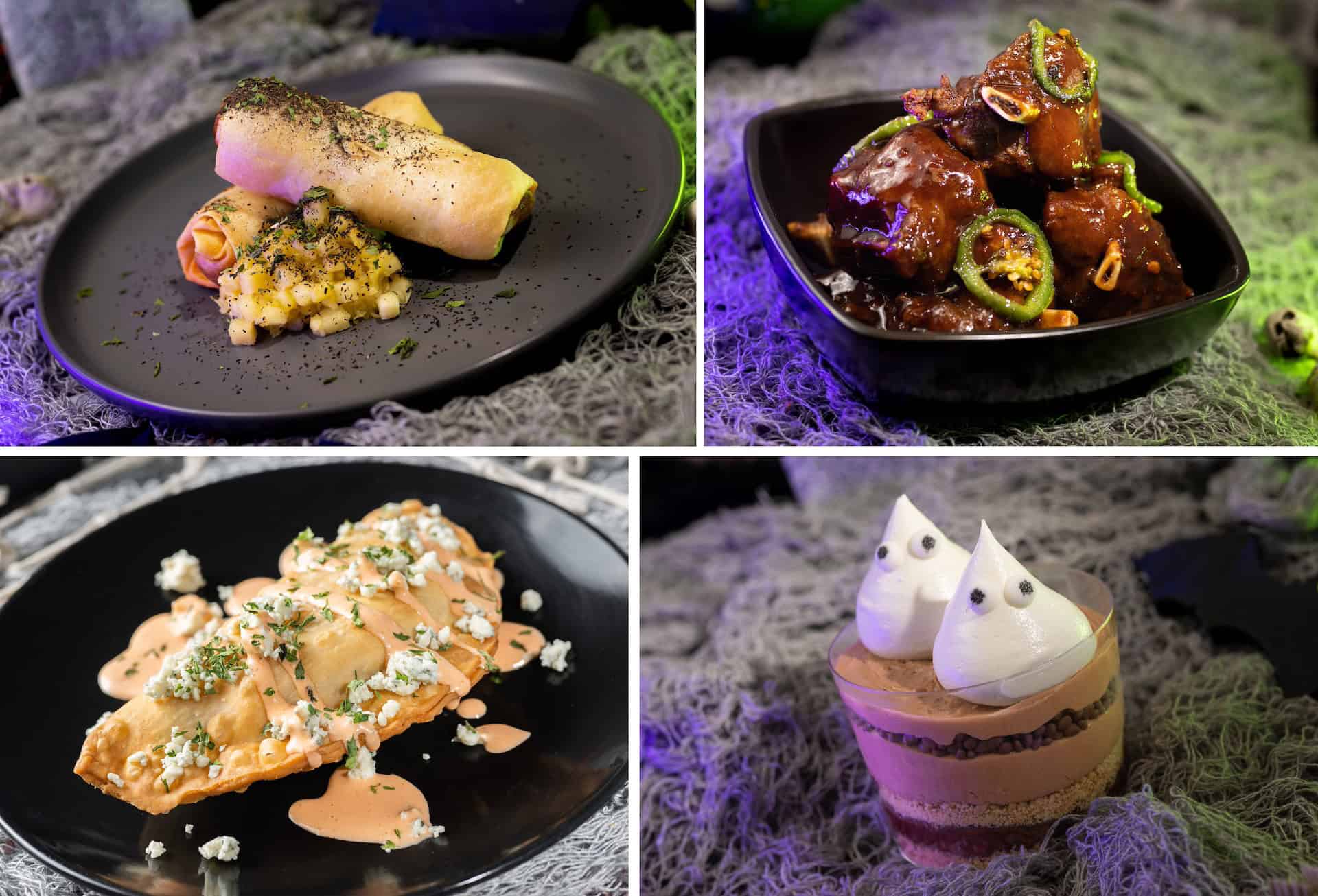 Collage of Spicy Pork Spring Roll, Bowl of Bones, Buffalo Chicken Hand Pie, S'mores Cup at Mickey's Halloween Party 2024 