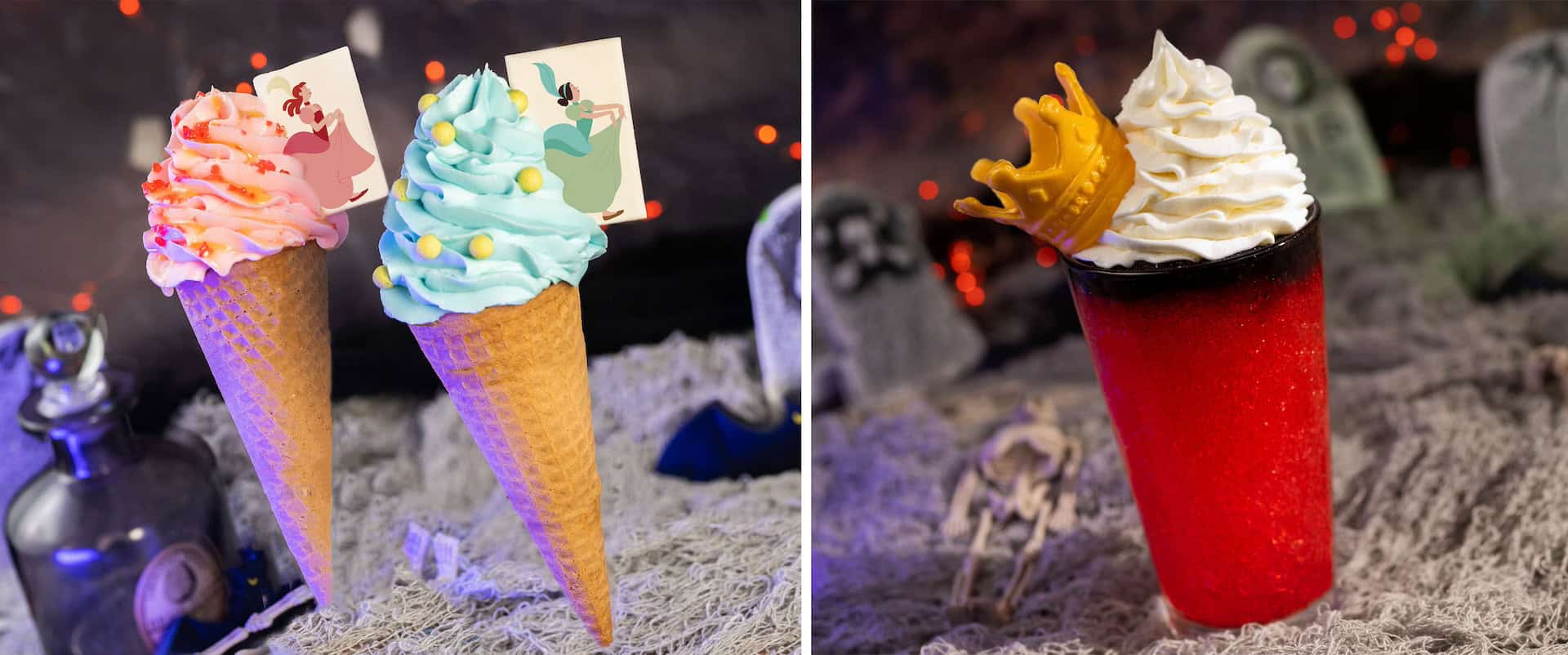 collage of Anastasia and Drizella Cones (pink and blue) and Queen of Hearts Slushy (red with white cream and gold crown) 