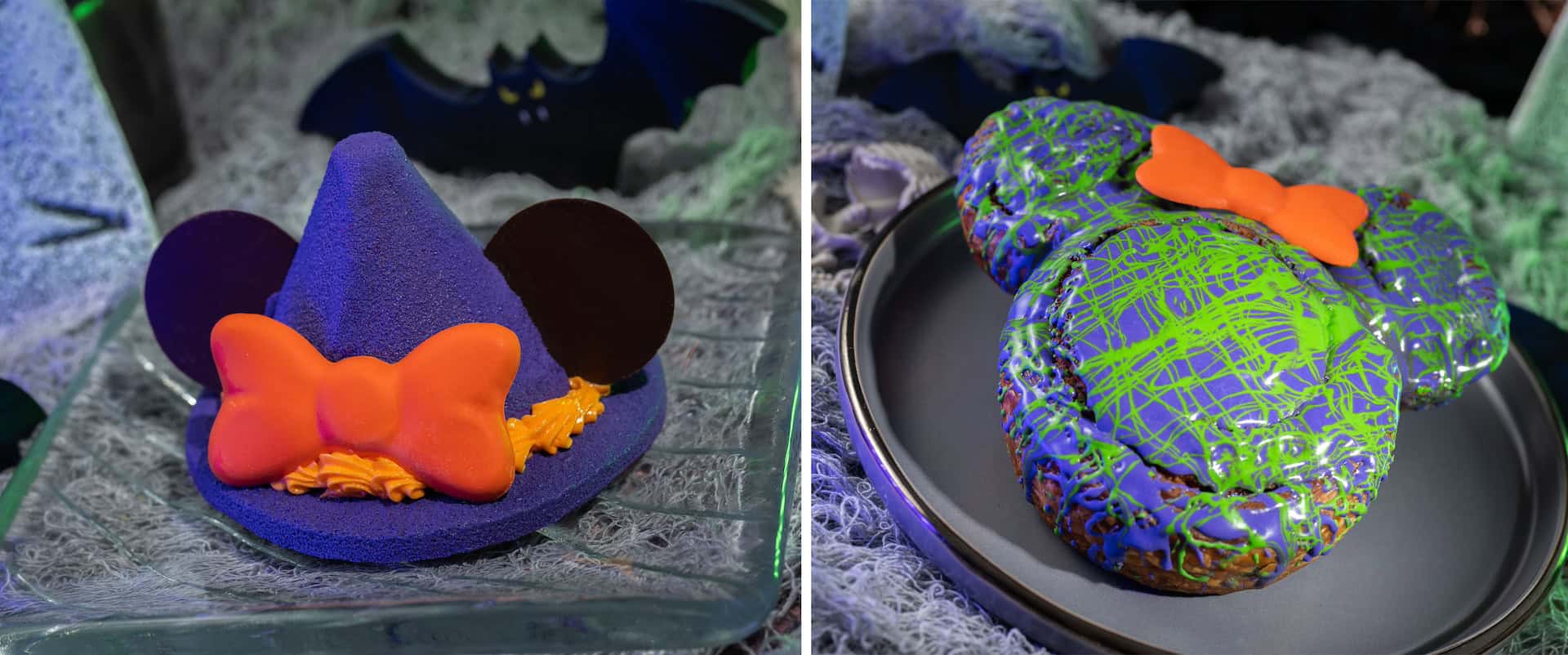 Collage image of Mickey's Halloween Party Items: Minnie's Witch Hat and Cinnamon Roll 