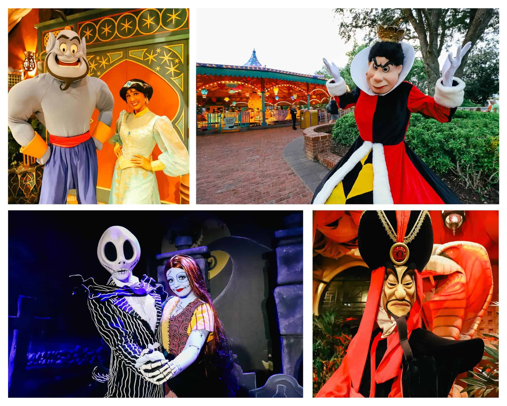 A collage with characters who meet at Mickey's Not So Scary Halloween Party.