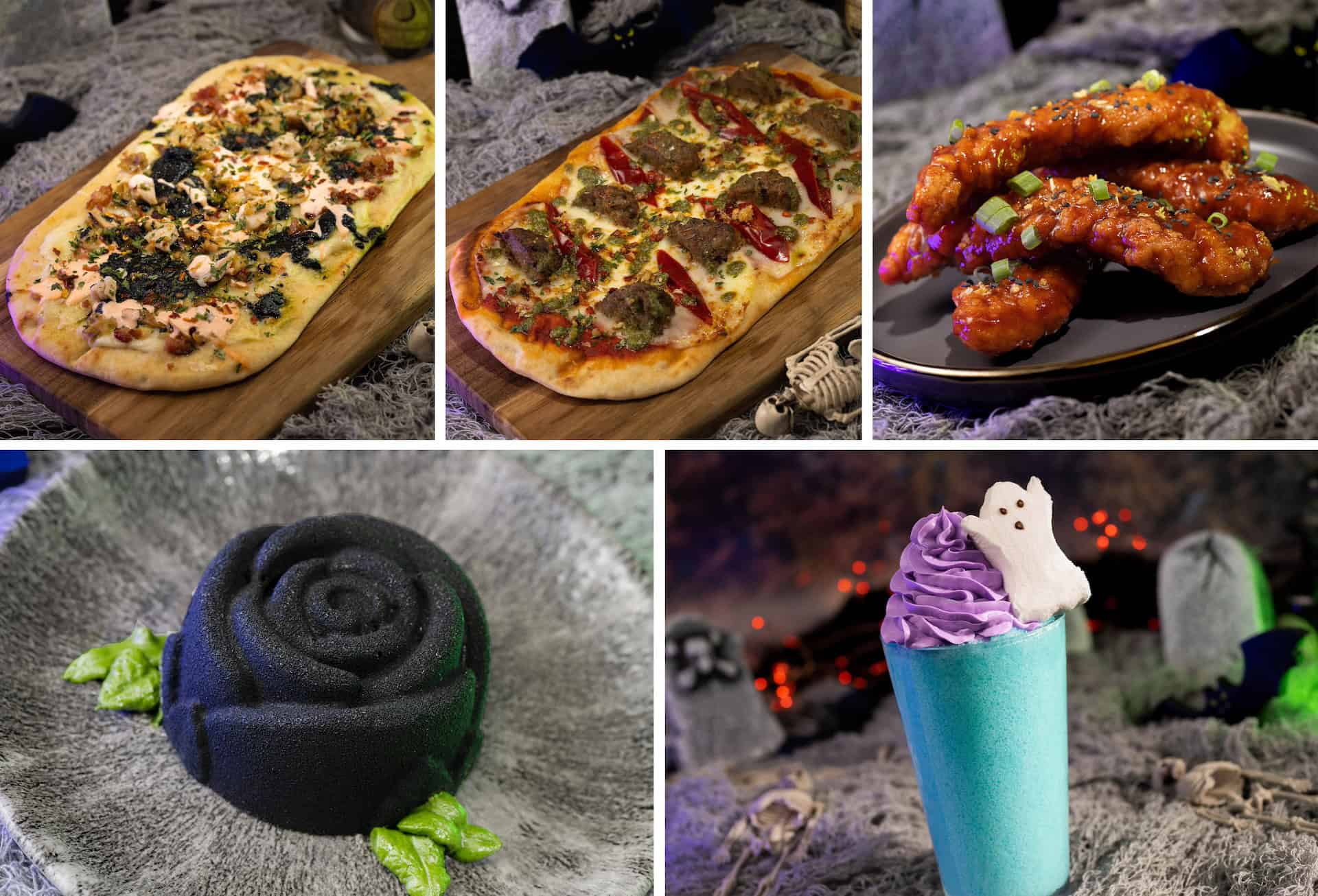 Collage of Creepy Clam Flatbread, Spicy Meatball Flatbread, Sweet & Spicy Chicken Strips, Swinging Wake Cake, Boo Raspberry Slush