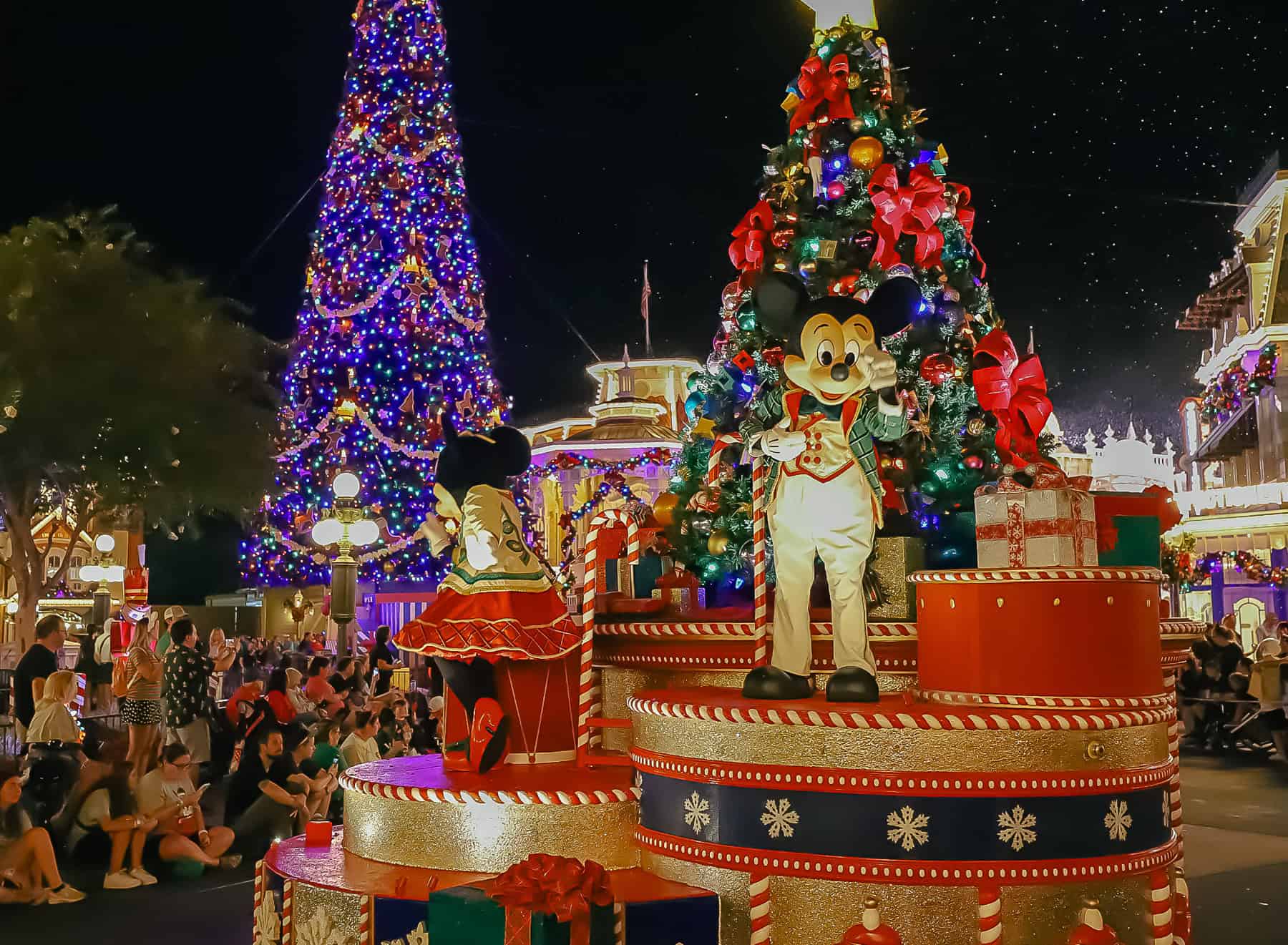 Mickey and Minnie in the Christmas Party Parade at Magic Kingdom 