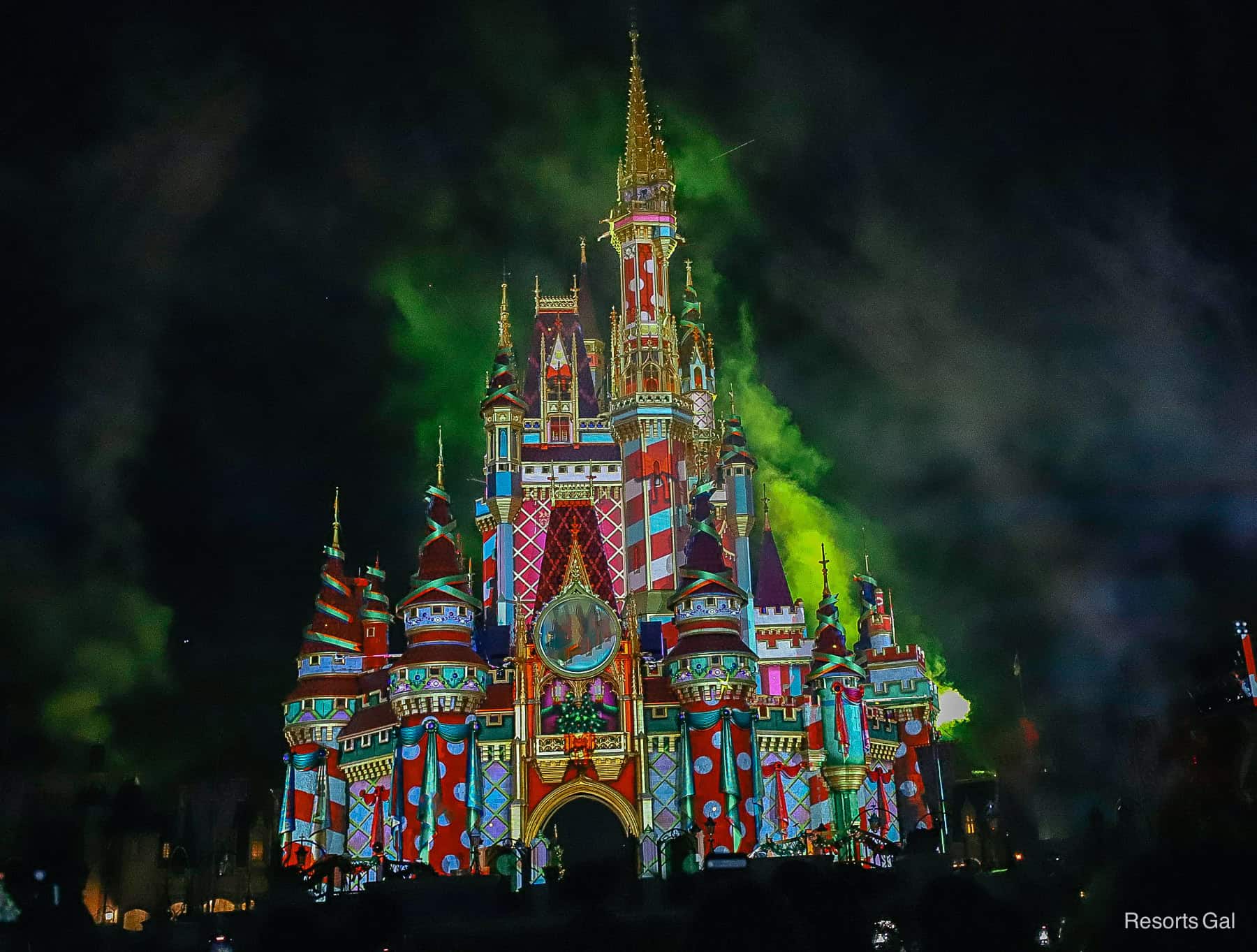 the castle with Christmas projections 