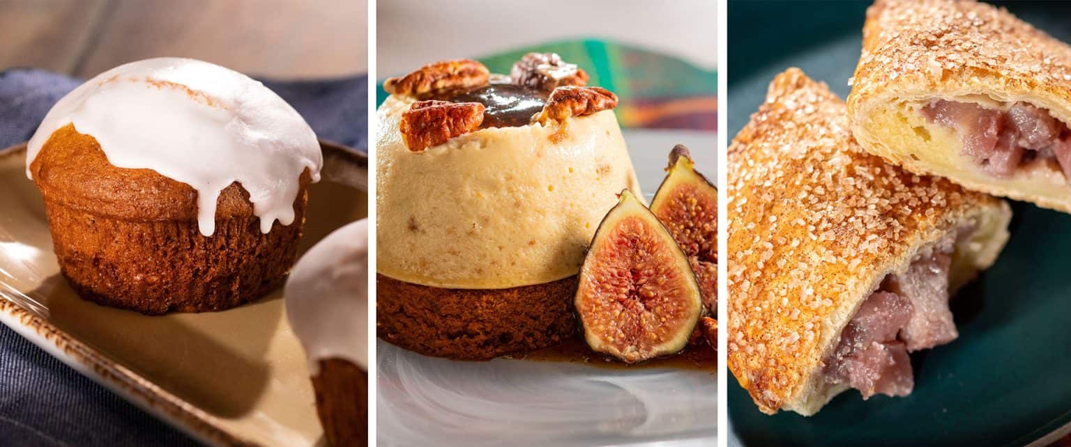 collage of Carrot Cake, Fig and Balsamic Cheesecake, Pear and Almond Frangipane Epcot 2024 Food and Wine Festival 