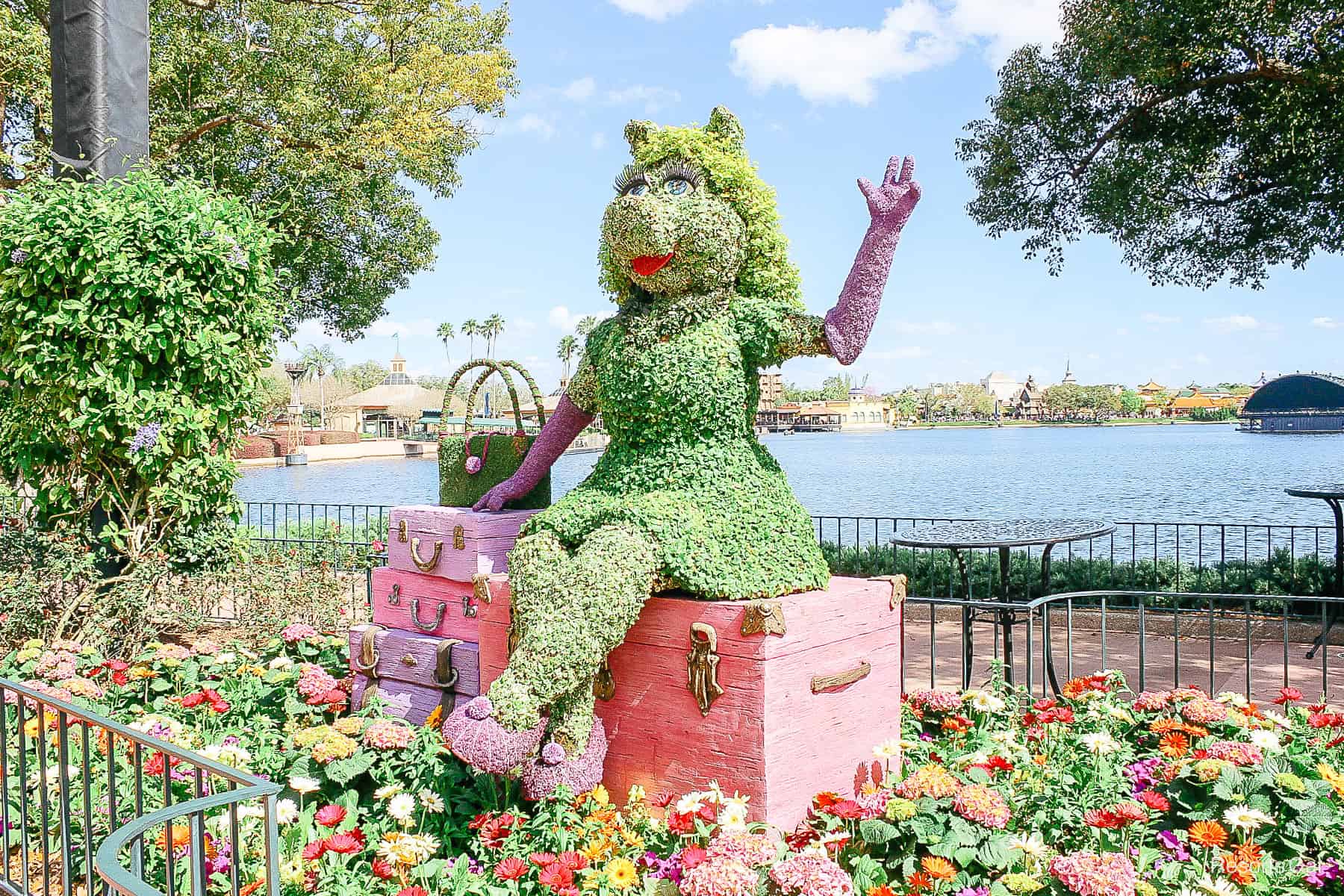 Miss Piggy in a new location in front of the World Showcase Lagoon in 2021. 