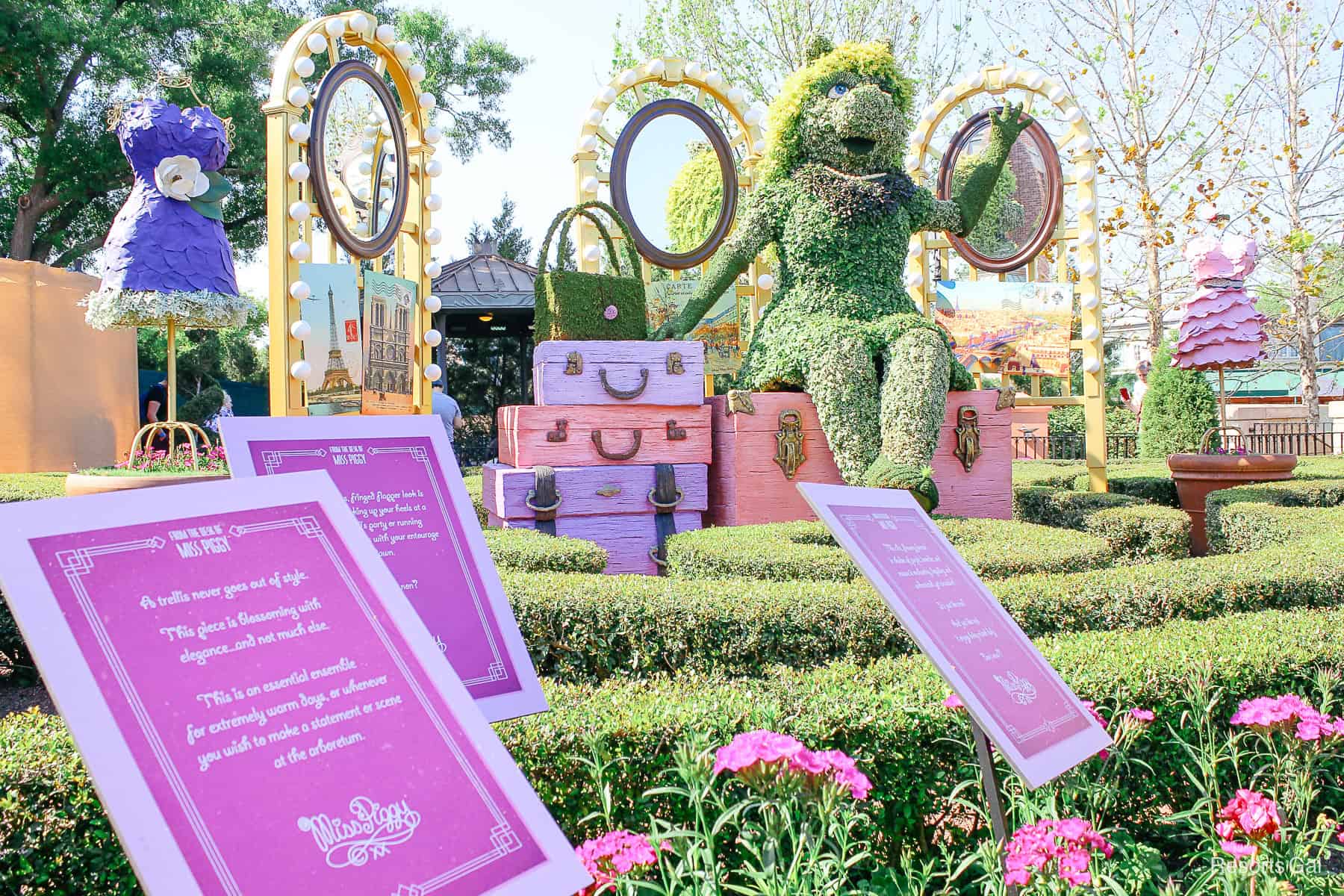 Miss Piggy at the 2019 Flower and Garden Festival when her topiary was located in France and she was surrounded by fashion designs.