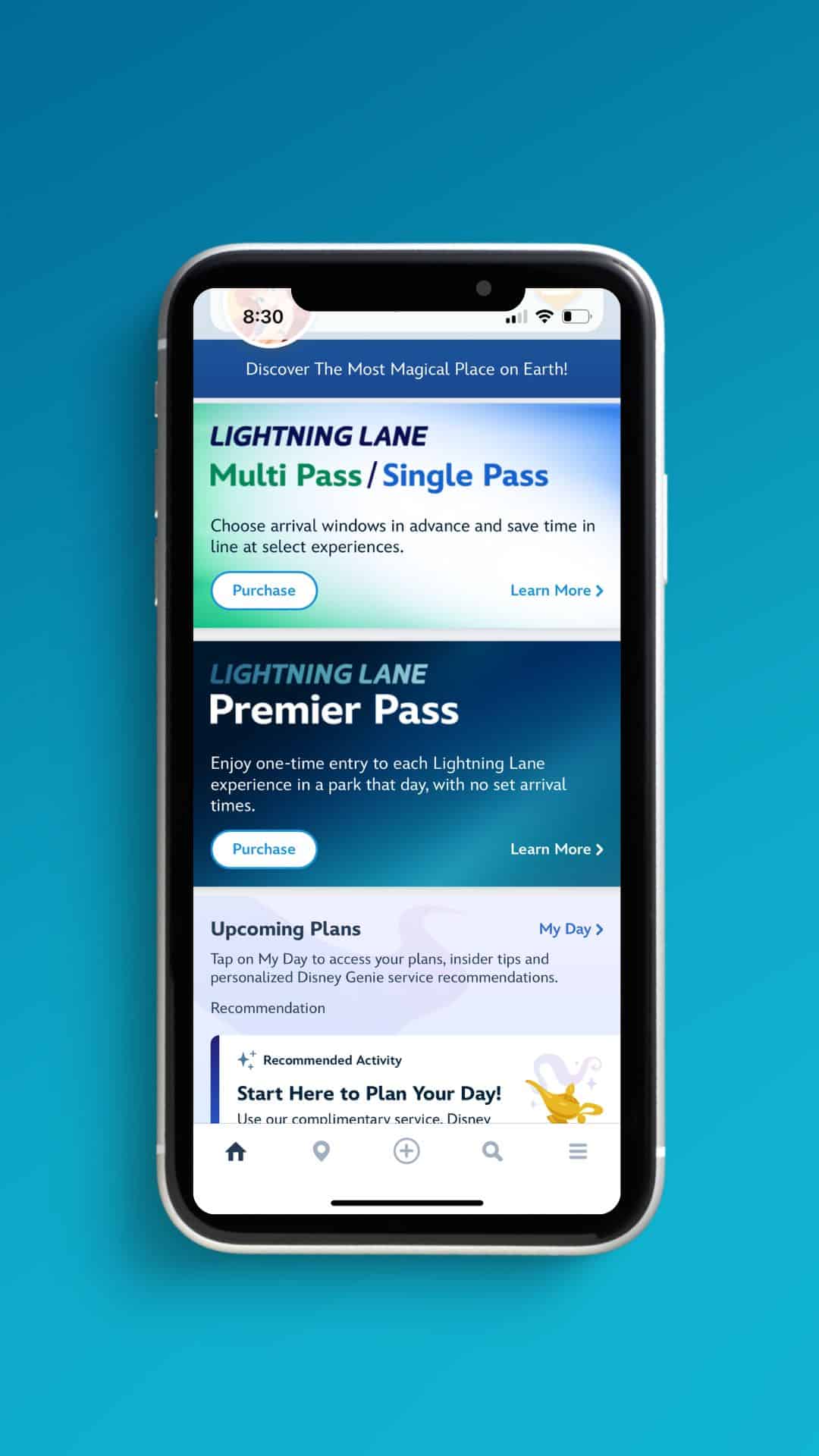 the home screen of the My Disney Experience app as how every user sees it when they open the app 