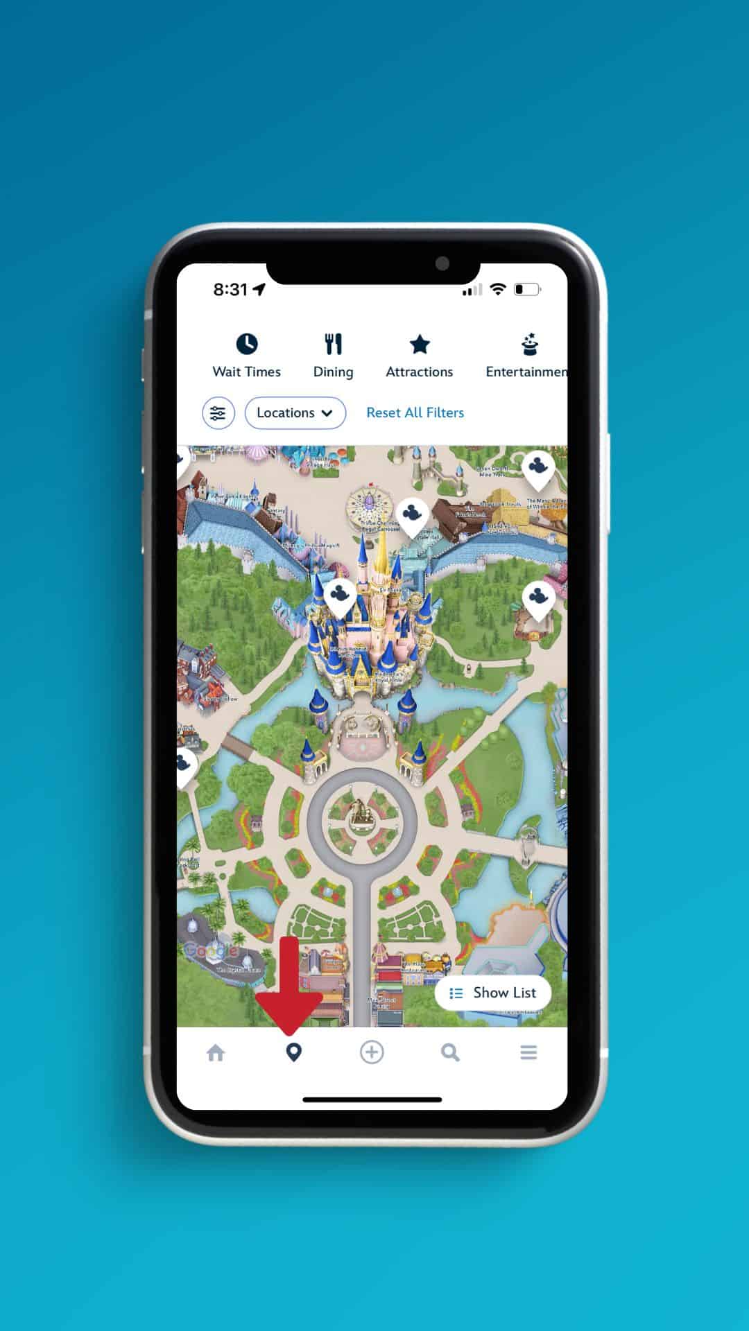 a screenshot of the My Disney Experience app that shows how to get to the character section with a red arrow 