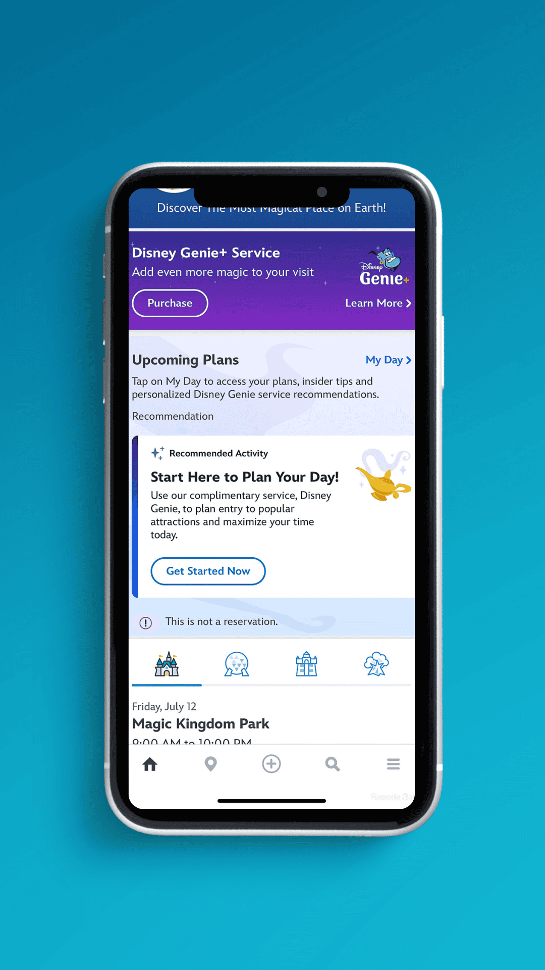 home screen of the My Disney Experience app