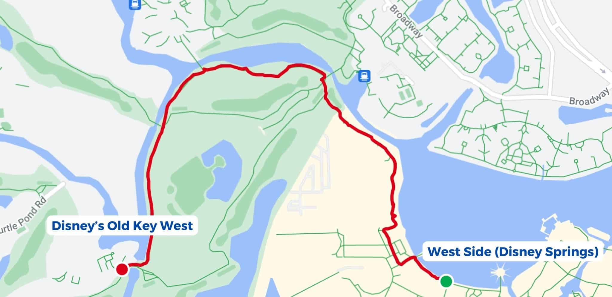 map of the walking path between Disney Springs and Disney's Old Key West 