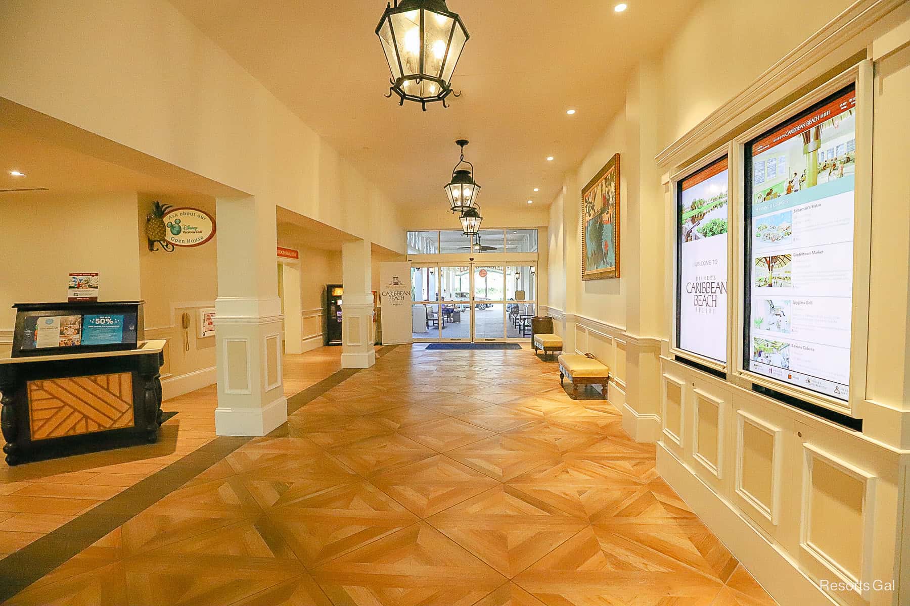 wooden parquet floors in the lobby foyer at Caribbean Beach 