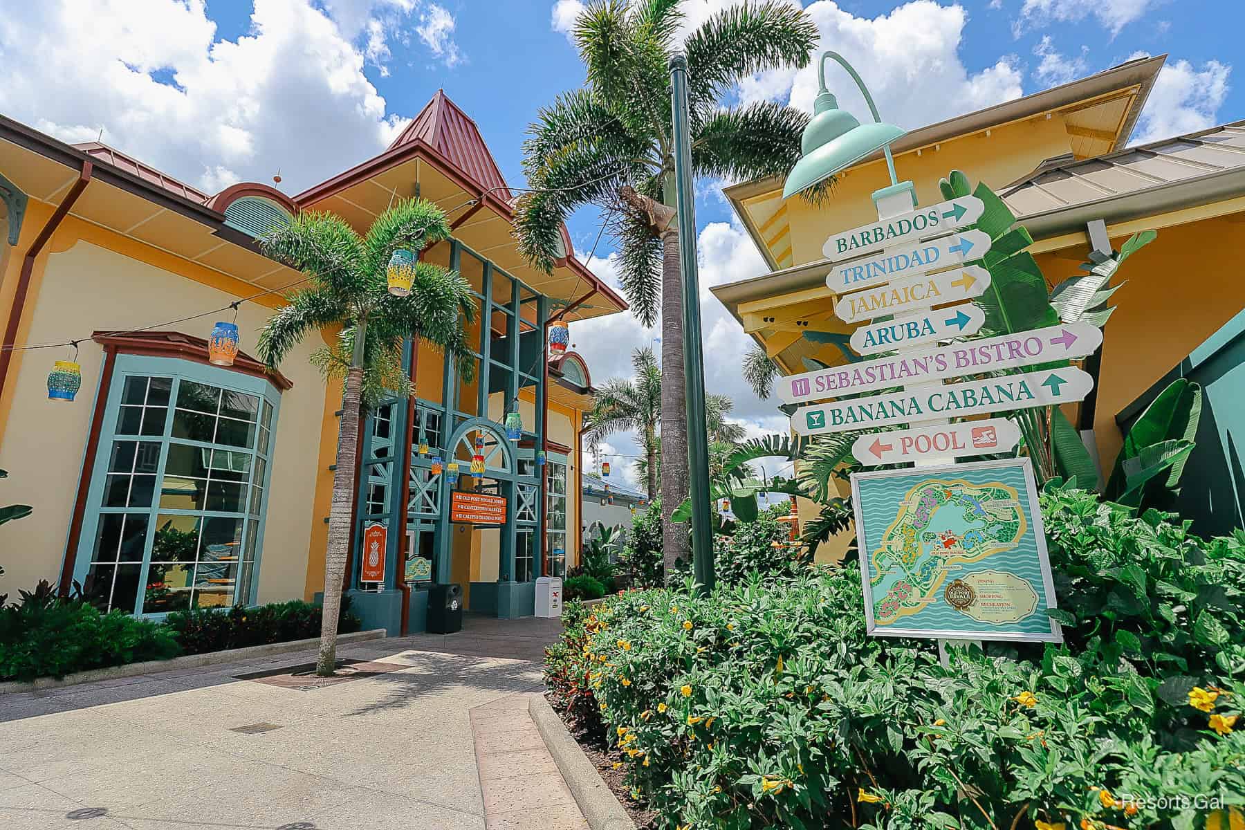 a sign with directionals at Old Port Royale, the directional points to the "islands" of the resort