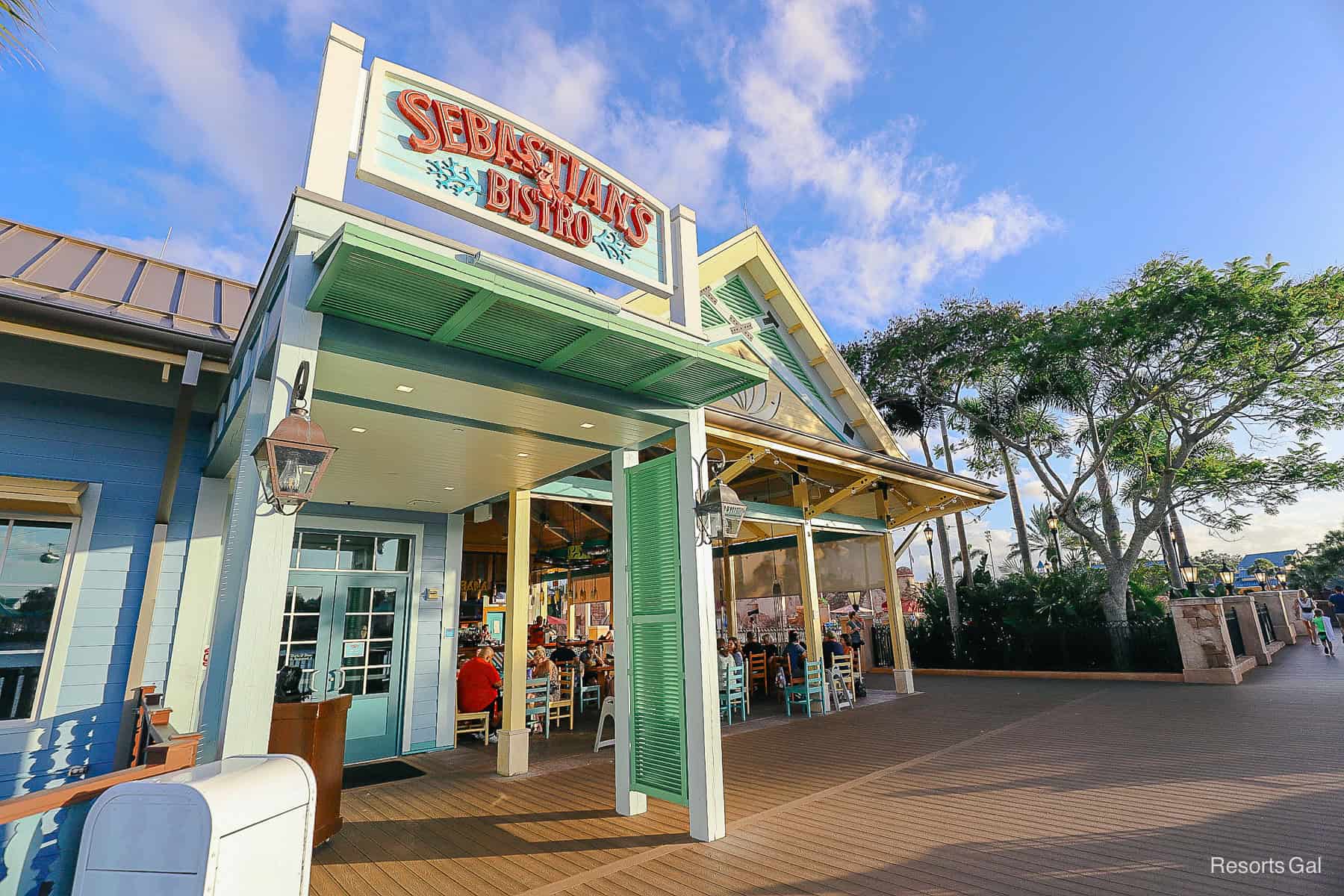 Sebastian's Bistro entrance at sunset with Banana Cabana adjacent