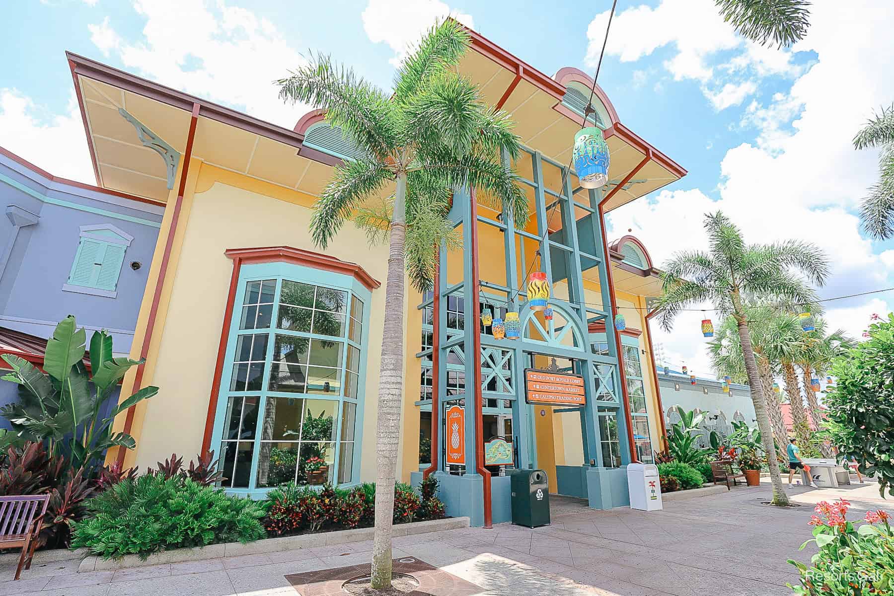 the lobby entrance of Disney's Caribbean Beach on the resort side 