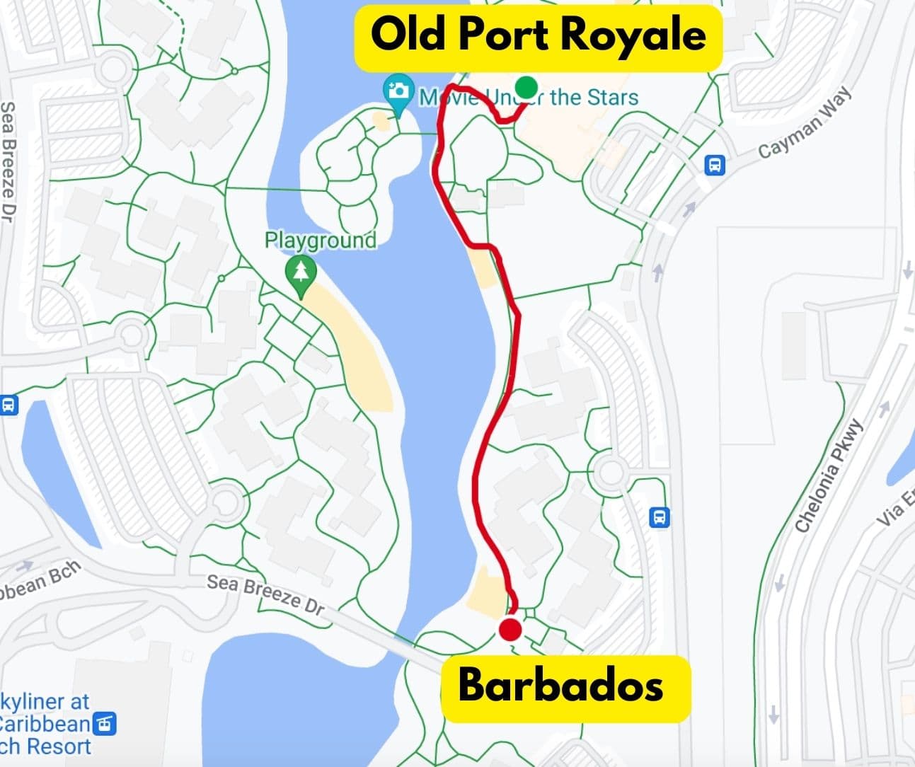 a map that shows the walking distance from Old Port Royale to Barbados 
